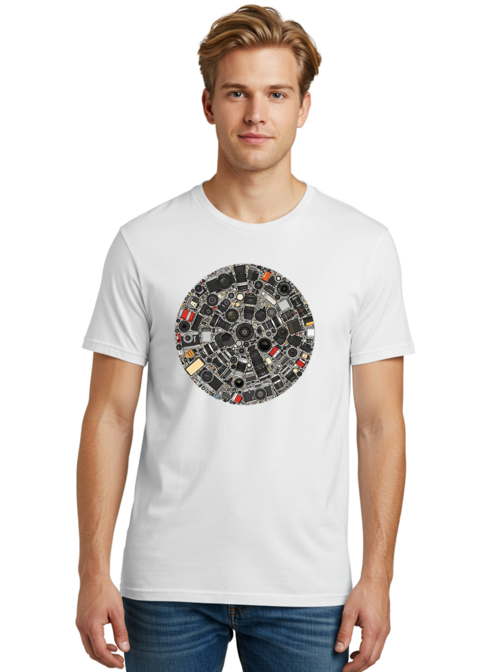 Camera-Parts-Mosaic Men'S Graphic Tee, 100% Cotton, Comfortable Casual Summer Wear, Machine Washable, Camera Parts, Lenses, Photography Equipment, Vintage Cameras, Camera Accessories, Photography Gear, Camera Lenses, Camera Collage, Bac773
