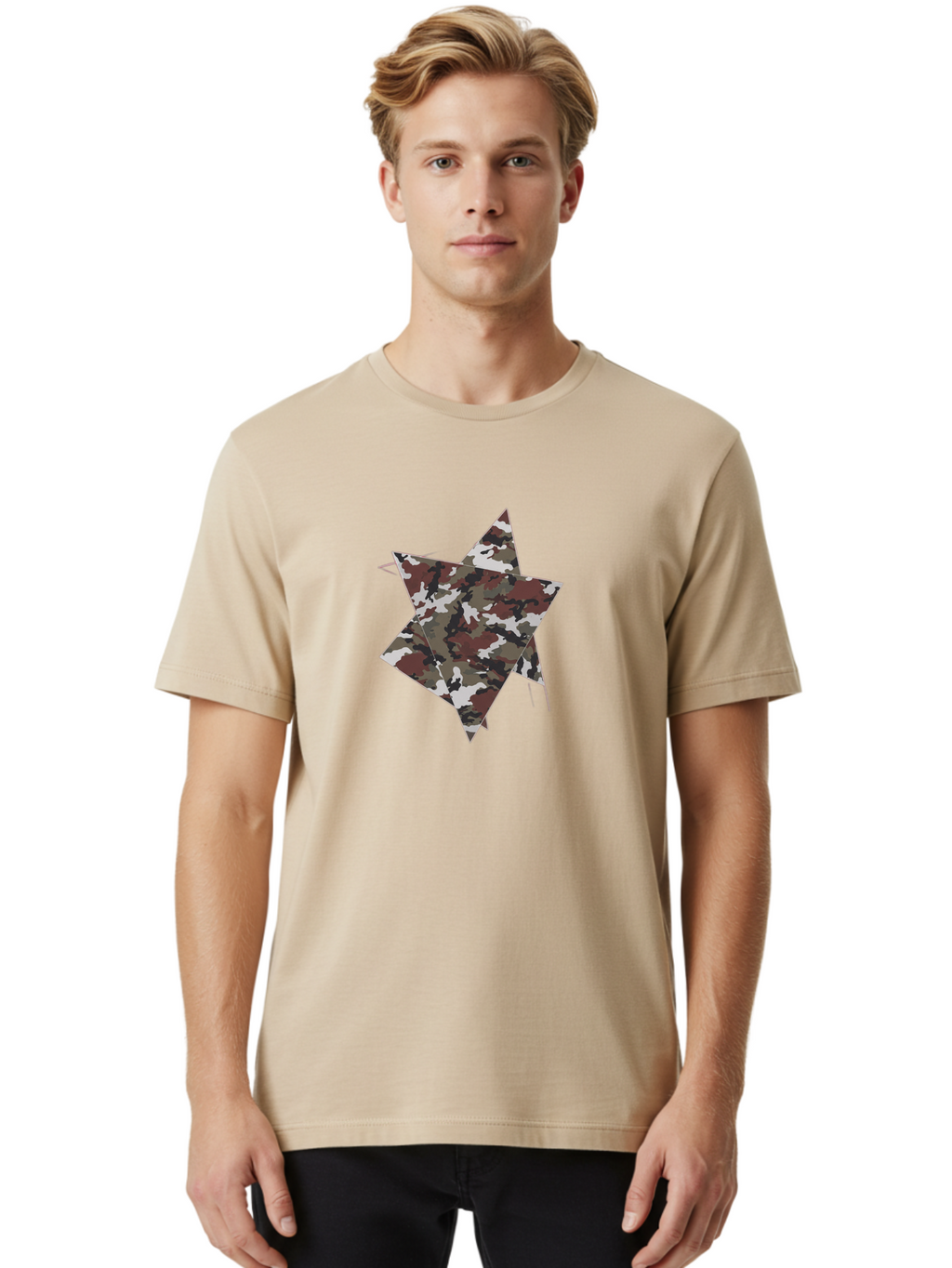 Camo-Star-Kite Men'S Graphic Tee, 100% Cotton, Comfortable Casual Summer Wear, Machine Washable, Camouflage Pattern, Star Shape, Abstract Design, Military Style, Digital Art, Modern Graphic, Camouflage Texture, Geometric Shape Bac774