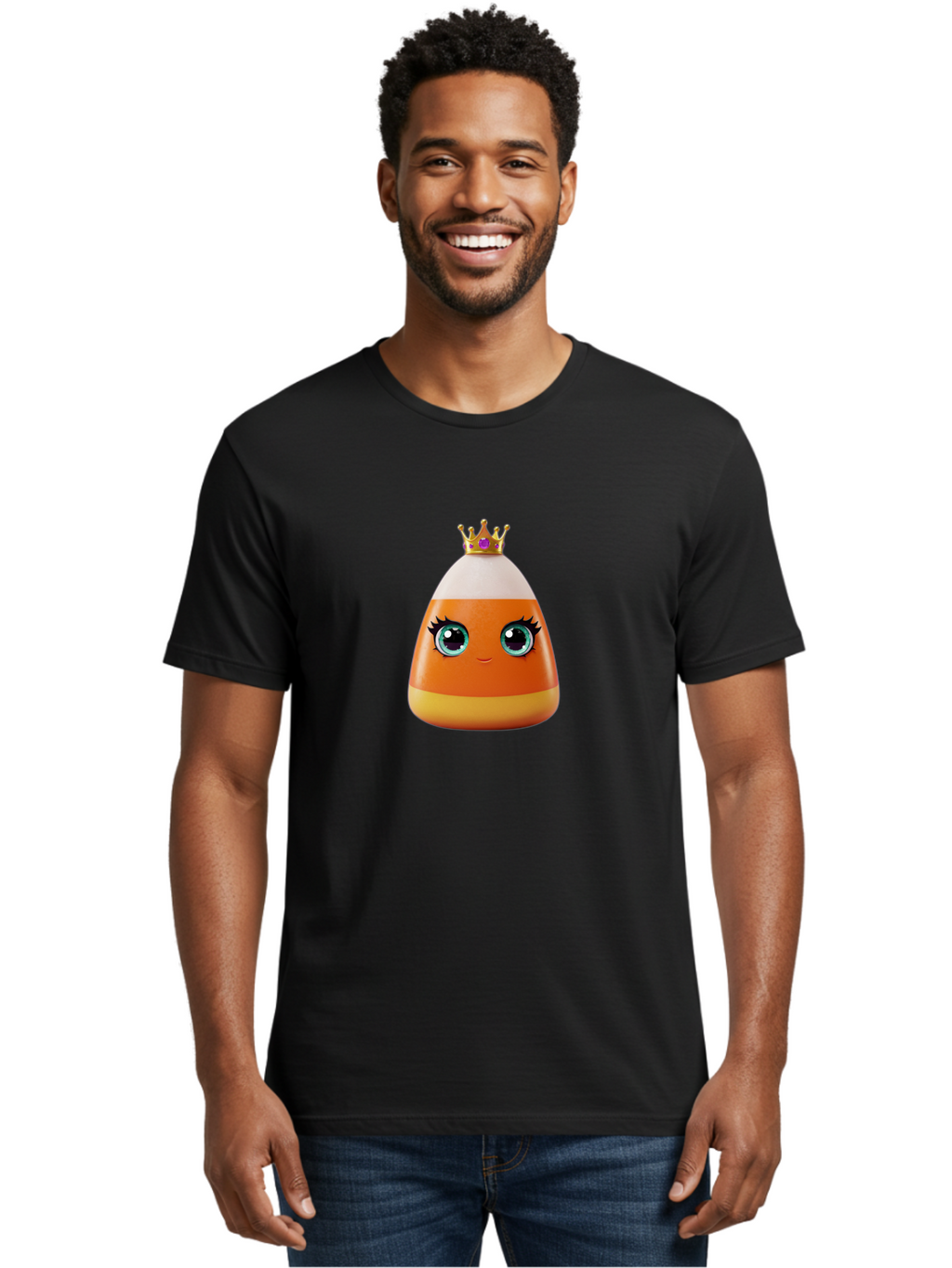 Candy-Corn-Princess Men'S Graphic Tee, 100% Cotton, Comfortable Casual Summer Wear, Machine Washable, Cartoon Candy Corn, Cute Face, Blue Eyes, Eyelashes, Crown, Princess Theme, Halloween Candy, Sweet Treat, Colorful Character Bac776