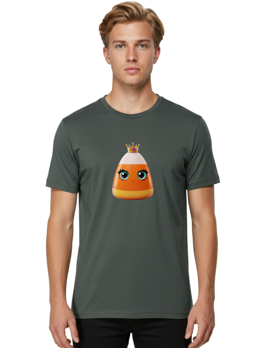Candy-Corn-Princess Men'S Graphic Tee, 100% Cotton, Comfortable Casual Summer Wear, Machine Washable, Cartoon Candy Corn, Cute Face, Blue Eyes, Eyelashes, Crown, Princess Theme, Halloween Candy, Sweet Treat, Colorful Character Bac776