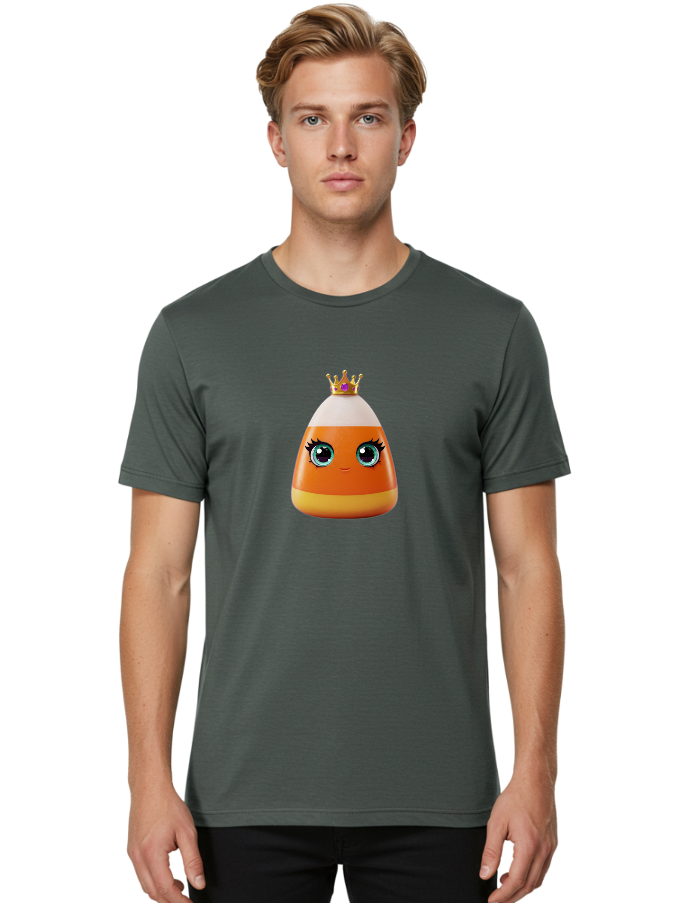 Candy-Corn-Princess Men'S Graphic Tee, 100% Cotton, Comfortable Casual Summer Wear, Machine Washable, Cartoon Candy Corn, Cute Face, Blue Eyes, Eyelashes, Crown, Princess Theme, Halloween Candy, Sweet Treat, Colorful Character Bac776