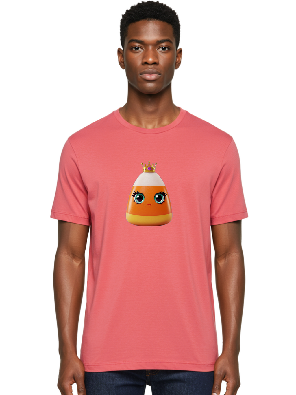 Candy-Corn-Princess Men'S Graphic Tee, 100% Cotton, Comfortable Casual Summer Wear, Machine Washable, Cartoon Candy Corn, Cute Face, Blue Eyes, Eyelashes, Crown, Princess Theme, Halloween Candy, Sweet Treat, Colorful Character Bac776