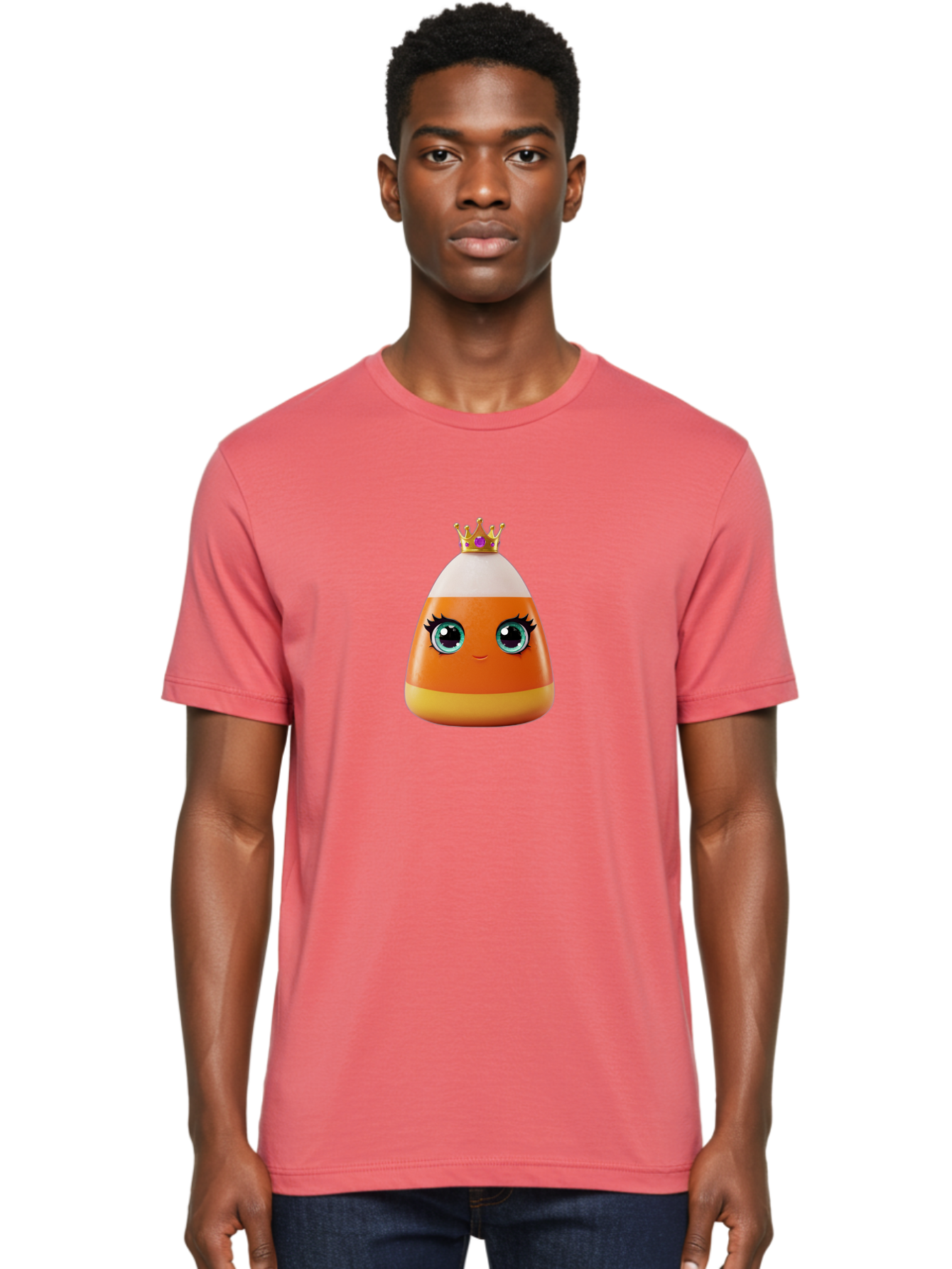Candy-Corn-Princess Men'S Graphic Tee, 100% Cotton, Comfortable Casual Summer Wear, Machine Washable, Cartoon Candy Corn, Cute Face, Blue Eyes, Eyelashes, Crown, Princess Theme, Halloween Candy, Sweet Treat, Colorful Character Bac776