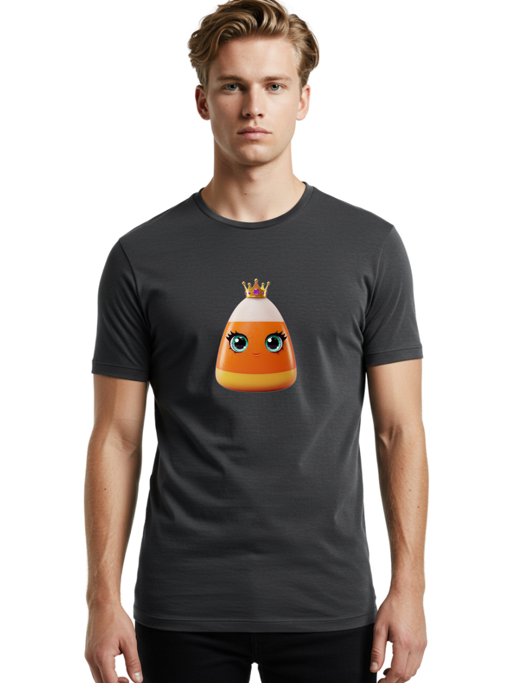 Candy-Corn-Princess Men'S Graphic Tee, 100% Cotton, Comfortable Casual Summer Wear, Machine Washable, Cartoon Candy Corn, Cute Face, Blue Eyes, Eyelashes, Crown, Princess Theme, Halloween Candy, Sweet Treat, Colorful Character Bac776