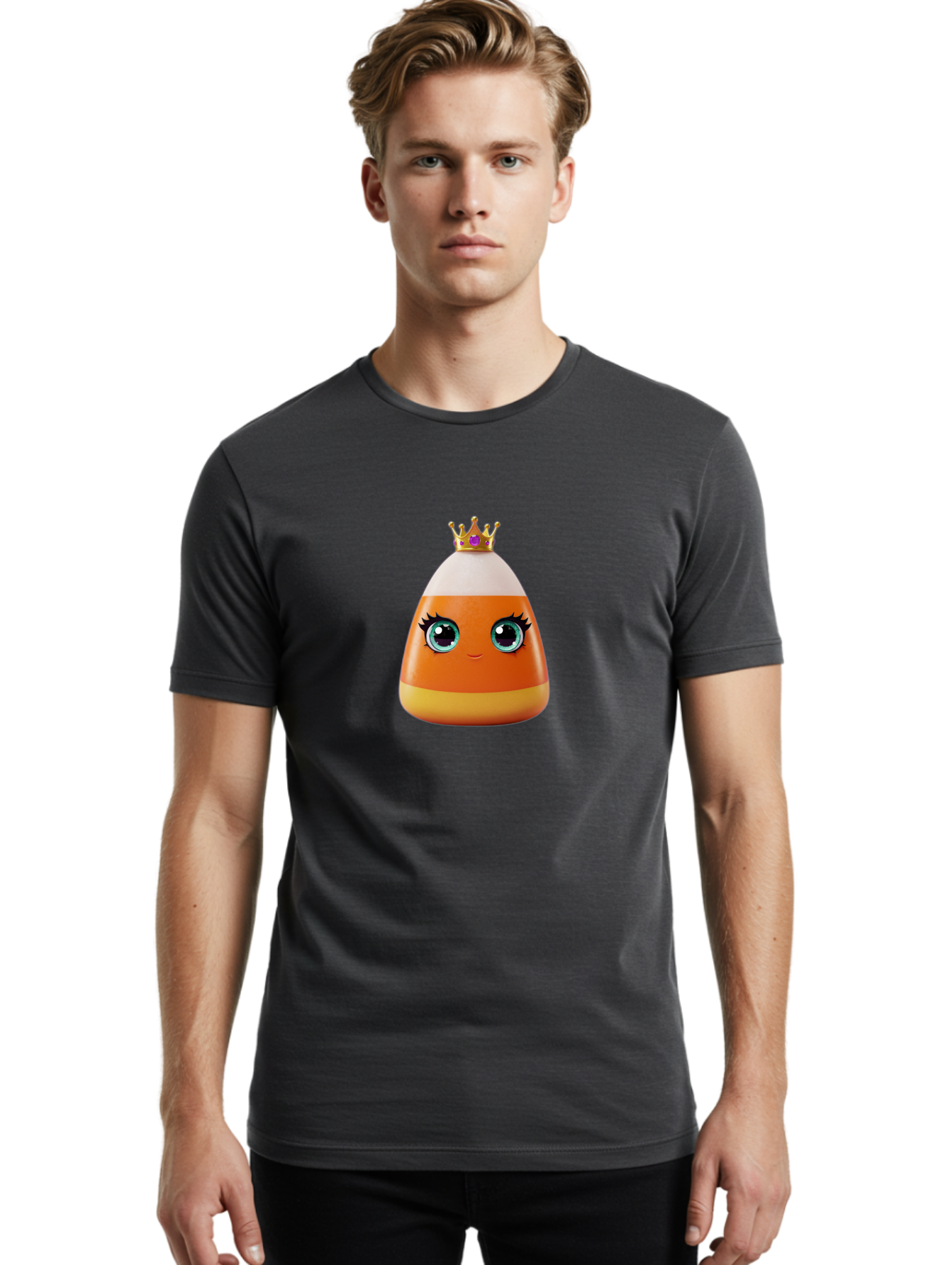 Candy-Corn-Princess Men'S Graphic Tee, 100% Cotton, Comfortable Casual Summer Wear, Machine Washable, Cartoon Candy Corn, Cute Face, Blue Eyes, Eyelashes, Crown, Princess Theme, Halloween Candy, Sweet Treat, Colorful Character Bac776