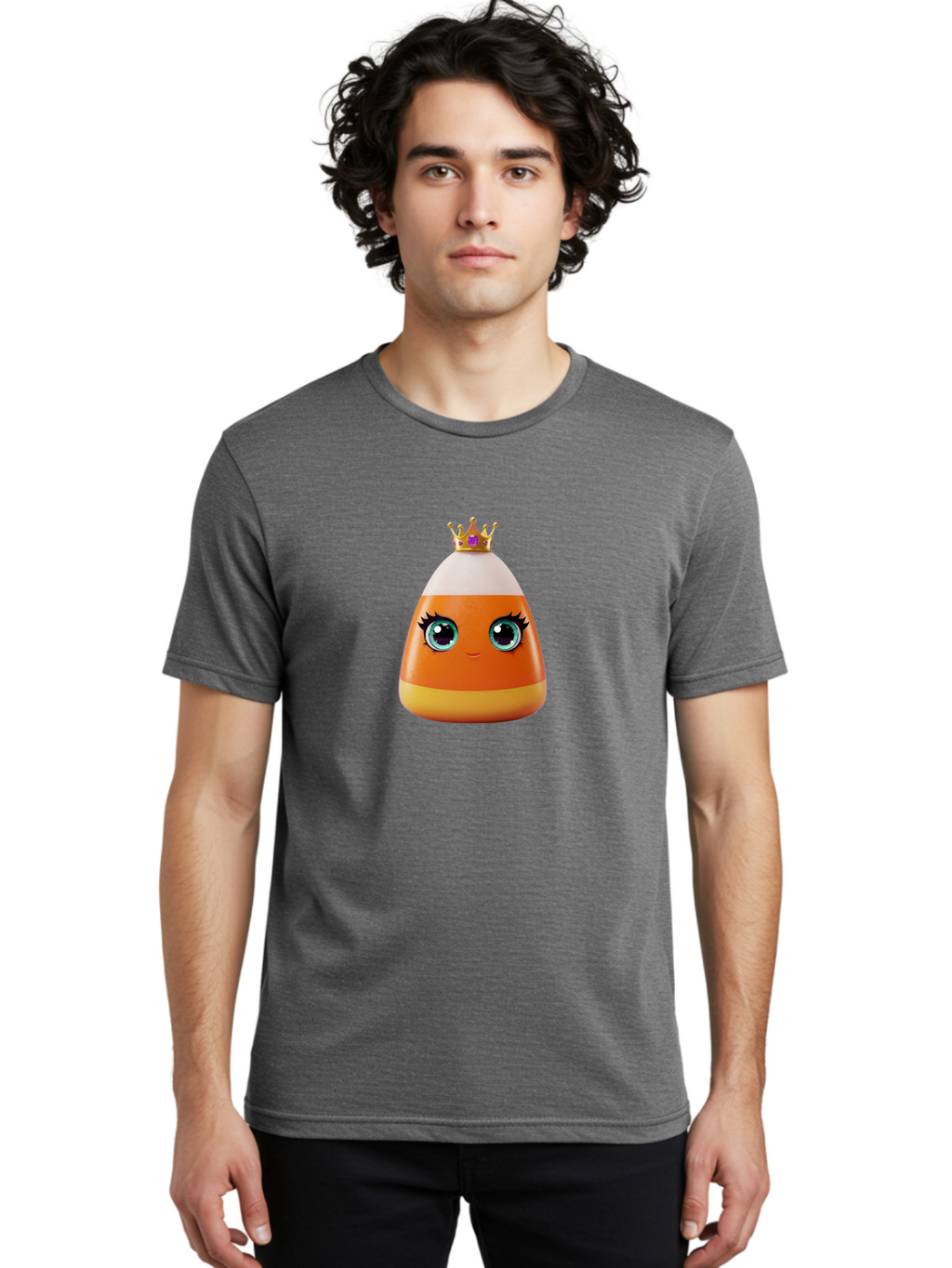 Candy-Corn-Princess Men'S Graphic Tee, 100% Cotton, Comfortable Casual Summer Wear, Machine Washable, Cartoon Candy Corn, Cute Face, Blue Eyes, Eyelashes, Crown, Princess Theme, Halloween Candy, Sweet Treat, Colorful Character Bac776