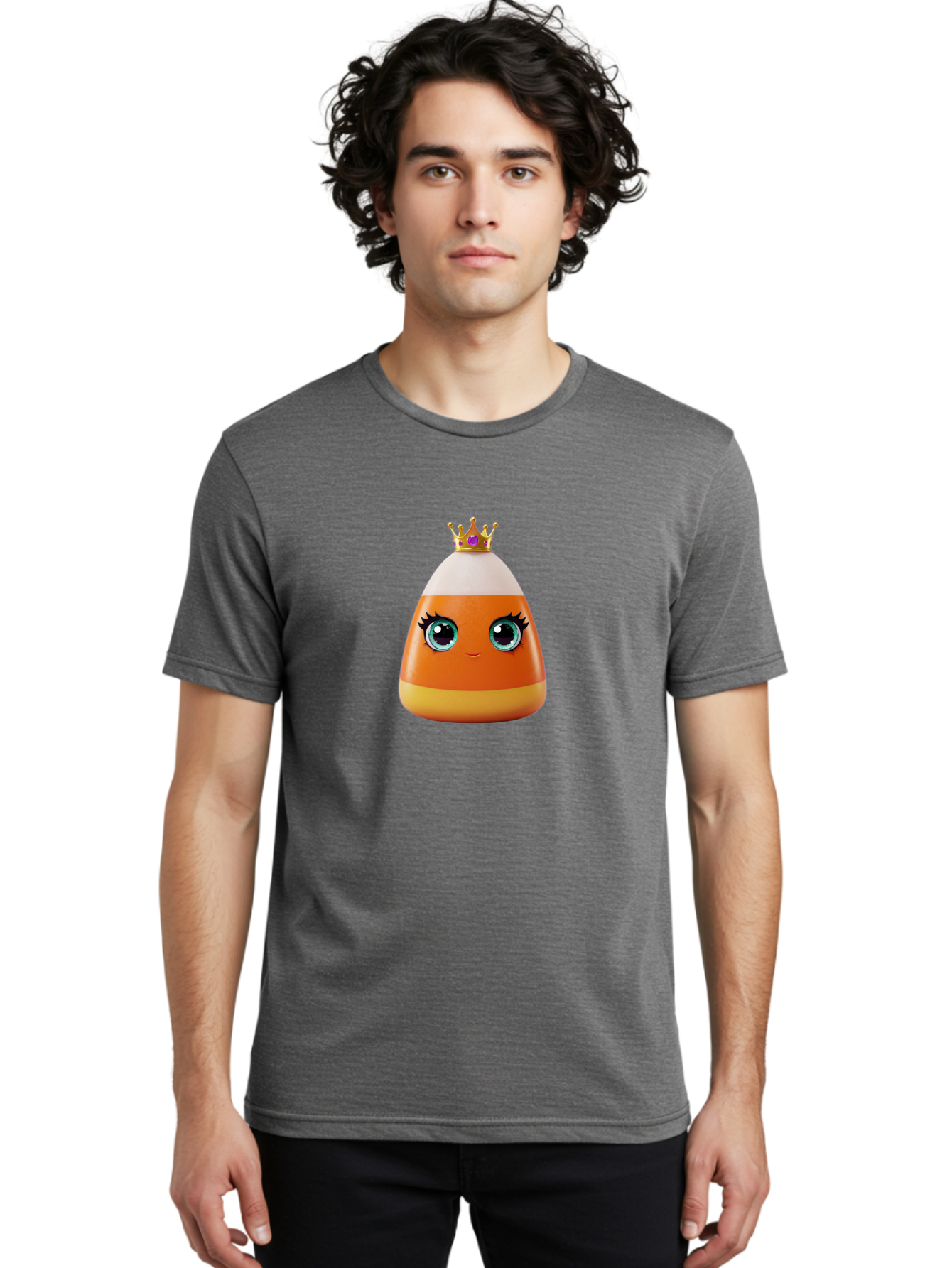 Candy-Corn-Princess Men'S Graphic Tee, 100% Cotton, Comfortable Casual Summer Wear, Machine Washable, Cartoon Candy Corn, Cute Face, Blue Eyes, Eyelashes, Crown, Princess Theme, Halloween Candy, Sweet Treat, Colorful Character Bac776