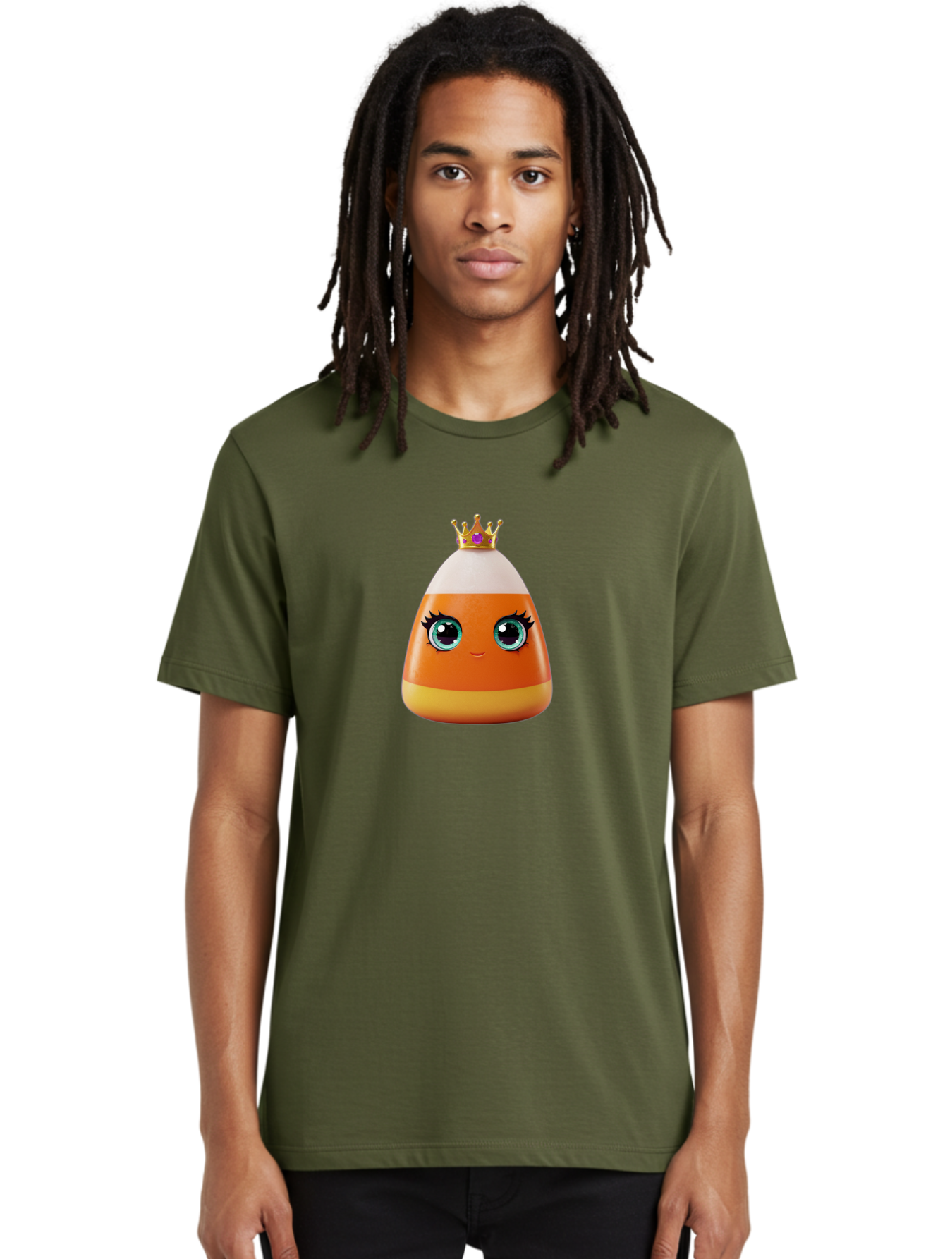 Candy-Corn-Princess Men'S Graphic Tee, 100% Cotton, Comfortable Casual Summer Wear, Machine Washable, Cartoon Candy Corn, Cute Face, Blue Eyes, Eyelashes, Crown, Princess Theme, Halloween Candy, Sweet Treat, Colorful Character Bac776