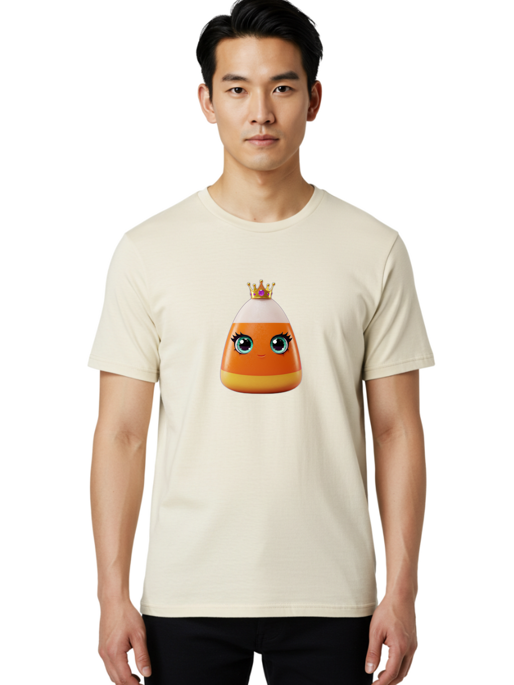Candy-Corn-Princess Men'S Graphic Tee, 100% Cotton, Comfortable Casual Summer Wear, Machine Washable, Cartoon Candy Corn, Cute Face, Blue Eyes, Eyelashes, Crown, Princess Theme, Halloween Candy, Sweet Treat, Colorful Character Bac776