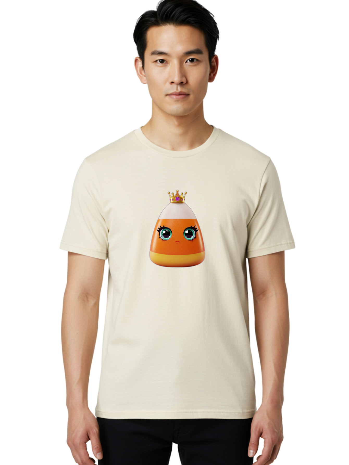 Candy-Corn-Princess Men'S Graphic Tee, 100% Cotton, Comfortable Casual Summer Wear, Machine Washable, Cartoon Candy Corn, Cute Face, Blue Eyes, Eyelashes, Crown, Princess Theme, Halloween Candy, Sweet Treat, Colorful Character Bac776