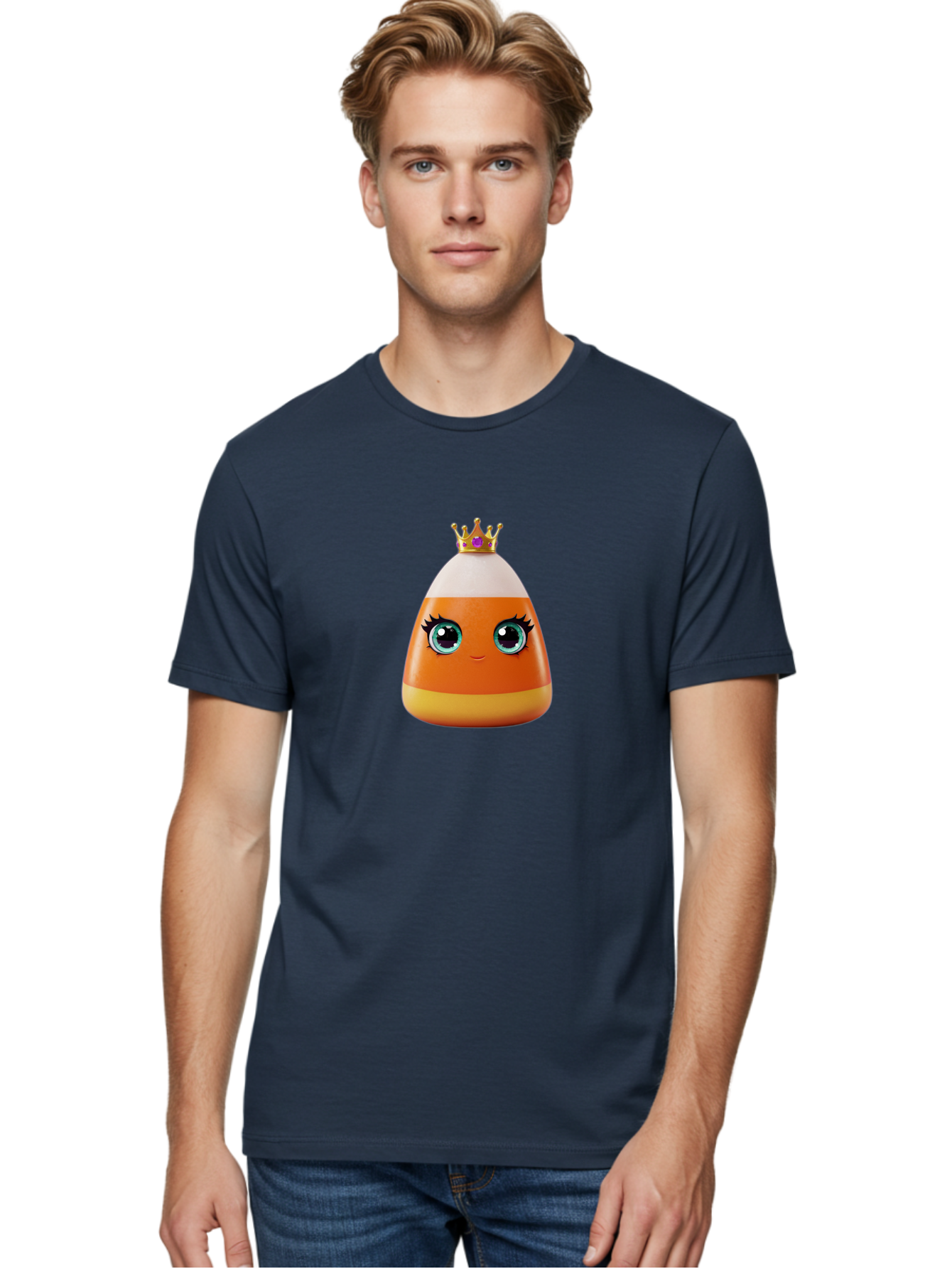 Candy-Corn-Princess Men'S Graphic Tee, 100% Cotton, Comfortable Casual Summer Wear, Machine Washable, Cartoon Candy Corn, Cute Face, Blue Eyes, Eyelashes, Crown, Princess Theme, Halloween Candy, Sweet Treat, Colorful Character Bac776