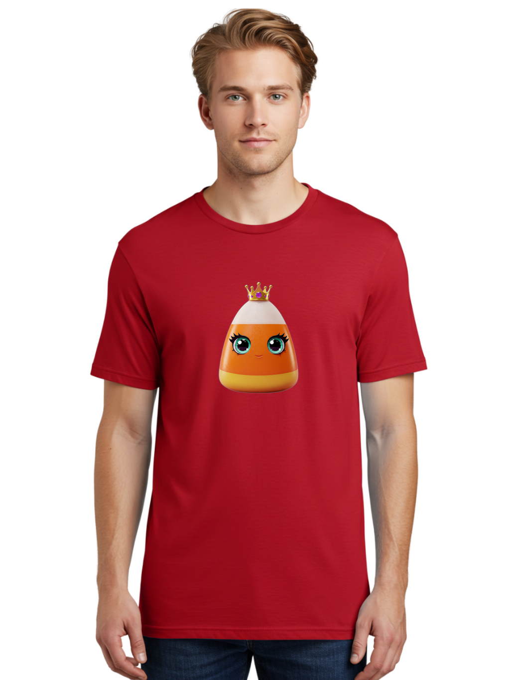 Candy-Corn-Princess Men'S Graphic Tee, 100% Cotton, Comfortable Casual Summer Wear, Machine Washable, Cartoon Candy Corn, Cute Face, Blue Eyes, Eyelashes, Crown, Princess Theme, Halloween Candy, Sweet Treat, Colorful Character Bac776