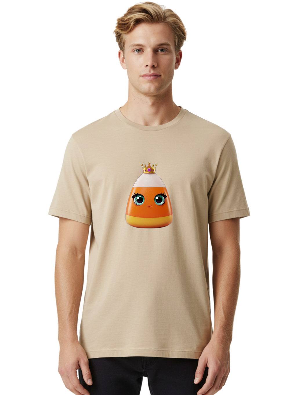 Candy-Corn-Princess Men'S Graphic Tee, 100% Cotton, Comfortable Casual Summer Wear, Machine Washable, Cartoon Candy Corn, Cute Face, Blue Eyes, Eyelashes, Crown, Princess Theme, Halloween Candy, Sweet Treat, Colorful Character Bac776