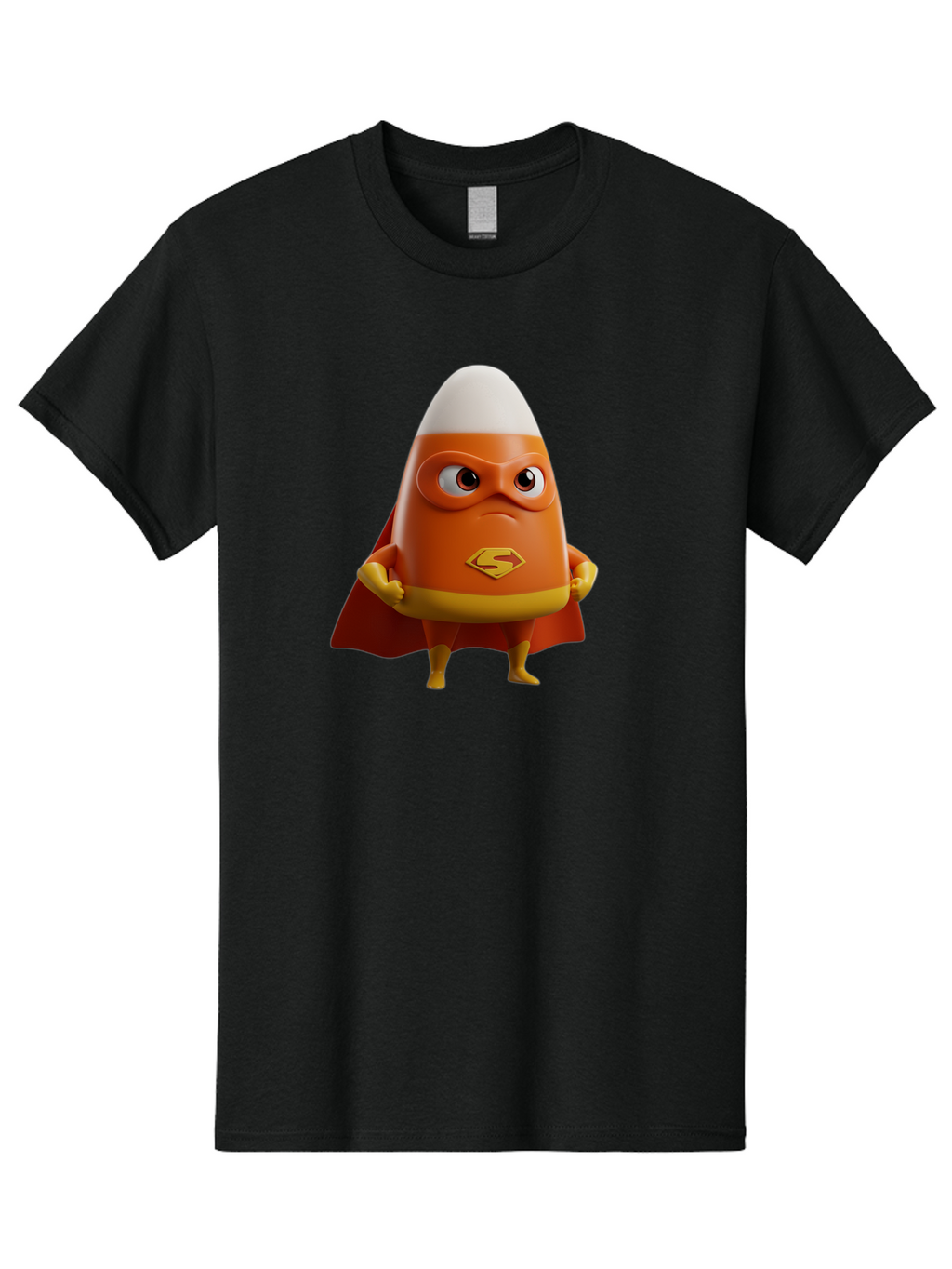 Candy-Corn-Superhero Men'S Graphic Tee, 100% Cotton, Comfortable Casual Summer Wear, Machine Washable, Candy Corn Character, Superman Costume, Superhero Theme, Cartoon Style, Orange And Yellow, Playful Design, 3D Illustration, Bac777