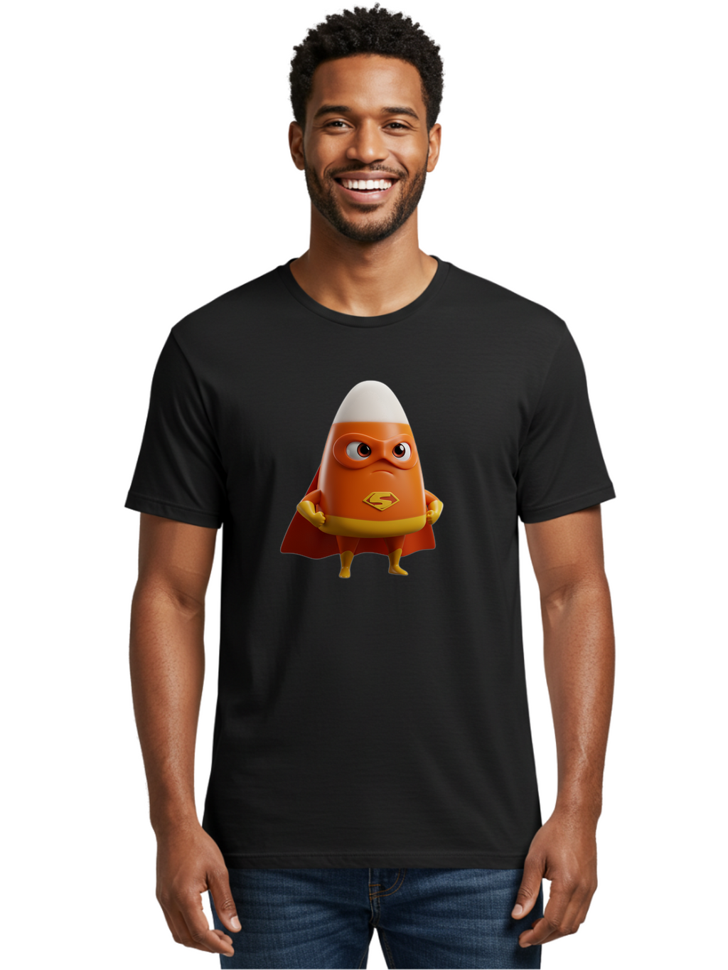 Candy-Corn-Superhero Men'S Graphic Tee, 100% Cotton, Comfortable Casual Summer Wear, Machine Washable, Candy Corn Character, Superman Costume, Superhero Theme, Cartoon Style, Orange And Yellow, Playful Design, 3D Illustration, Bac777