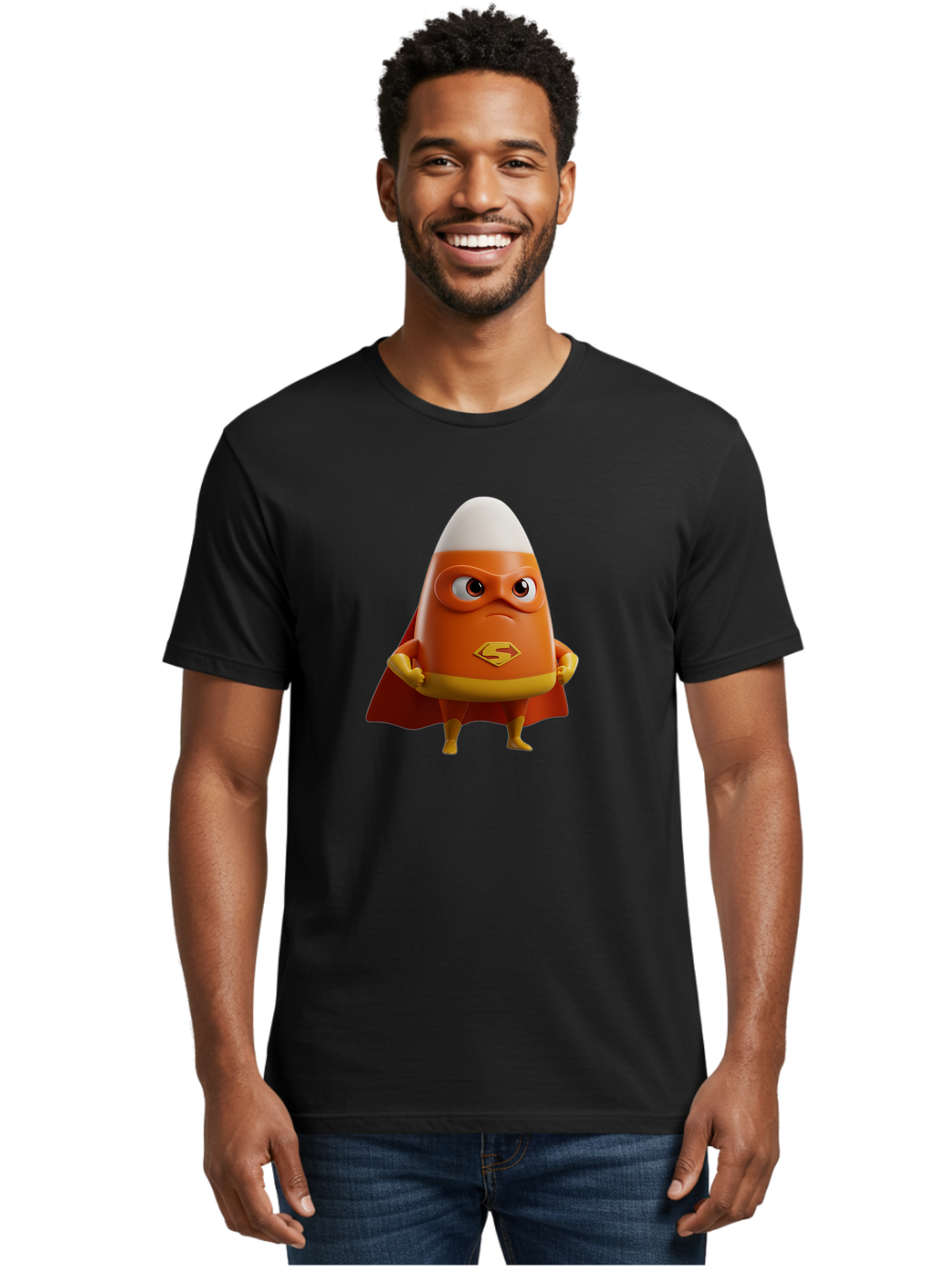 Candy-Corn-Superhero Men'S Graphic Tee, 100% Cotton, Comfortable Casual Summer Wear, Machine Washable, Candy Corn Character, Superman Costume, Superhero Theme, Cartoon Style, Orange And Yellow, Playful Design, 3D Illustration, Bac777