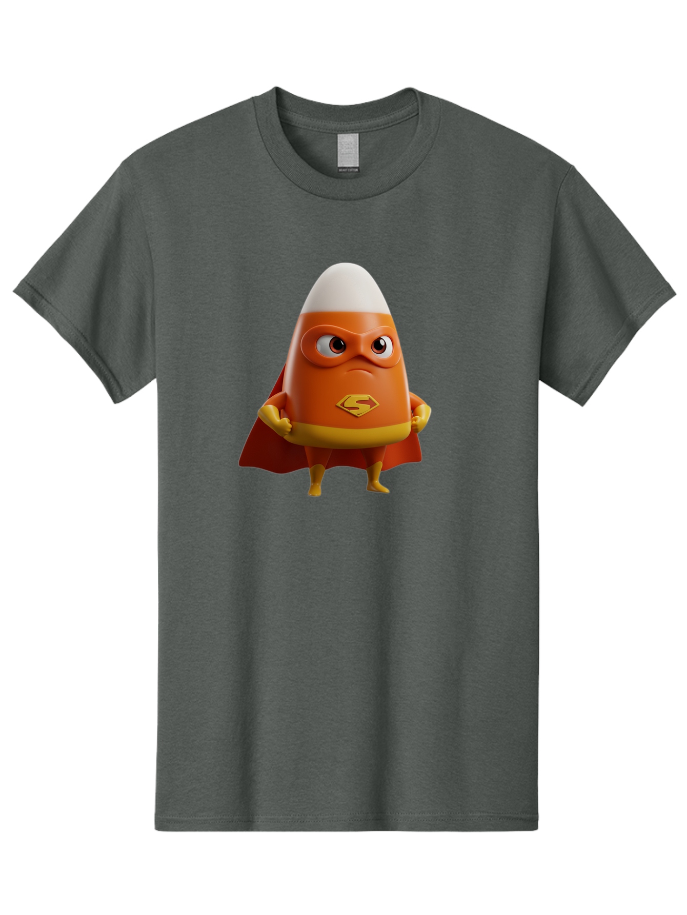 Candy-Corn-Superhero Men'S Graphic Tee, 100% Cotton, Comfortable Casual Summer Wear, Machine Washable, Candy Corn Character, Superman Costume, Superhero Theme, Cartoon Style, Orange And Yellow, Playful Design, 3D Illustration, Bac777