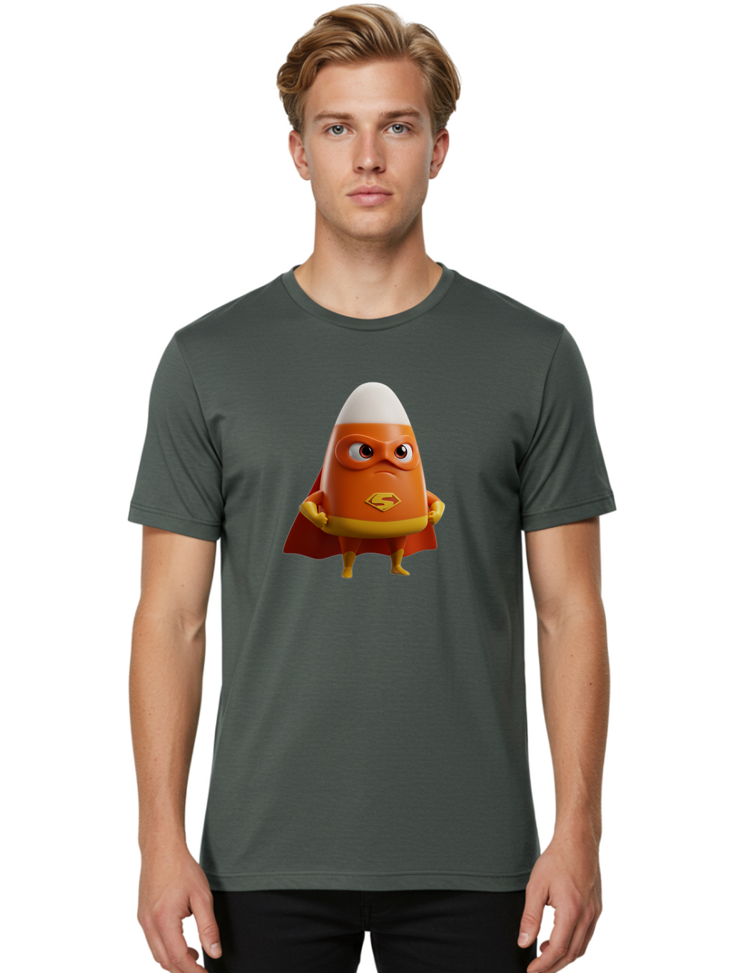 Candy-Corn-Superhero Men'S Graphic Tee, 100% Cotton, Comfortable Casual Summer Wear, Machine Washable, Candy Corn Character, Superman Costume, Superhero Theme, Cartoon Style, Orange And Yellow, Playful Design, 3D Illustration, Bac777