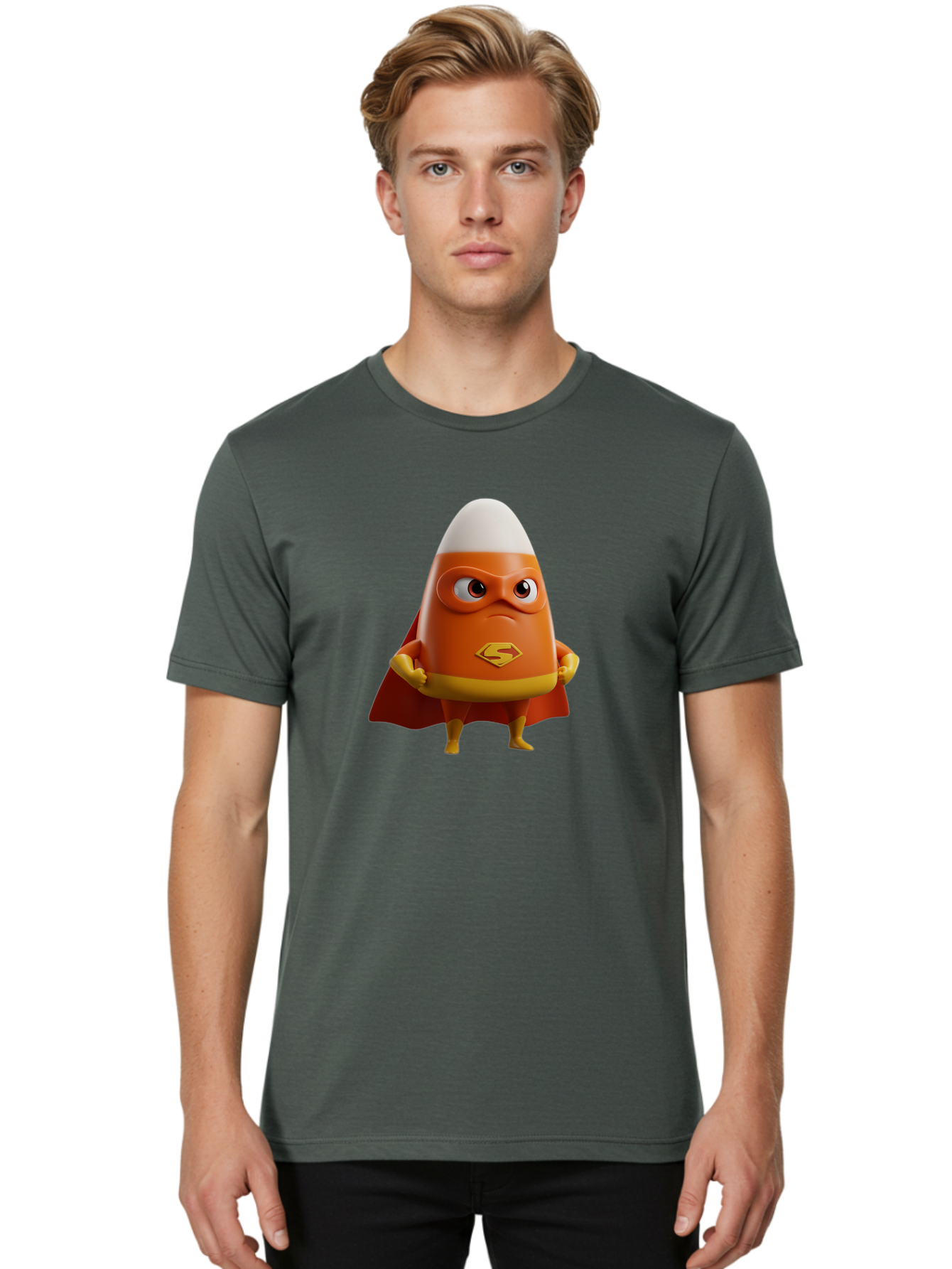 Candy-Corn-Superhero Men'S Graphic Tee, 100% Cotton, Comfortable Casual Summer Wear, Machine Washable, Candy Corn Character, Superman Costume, Superhero Theme, Cartoon Style, Orange And Yellow, Playful Design, 3D Illustration, Bac777