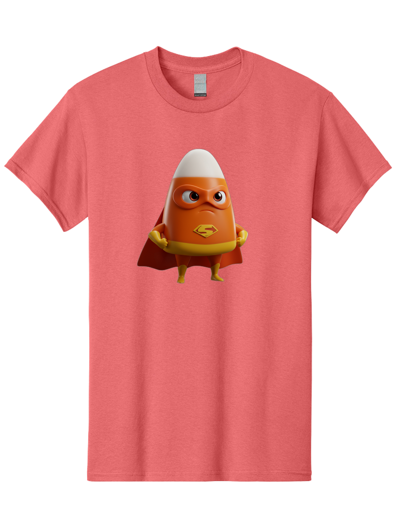 Candy-Corn-Superhero Men'S Graphic Tee, 100% Cotton, Comfortable Casual Summer Wear, Machine Washable, Candy Corn Character, Superman Costume, Superhero Theme, Cartoon Style, Orange And Yellow, Playful Design, 3D Illustration, Bac777