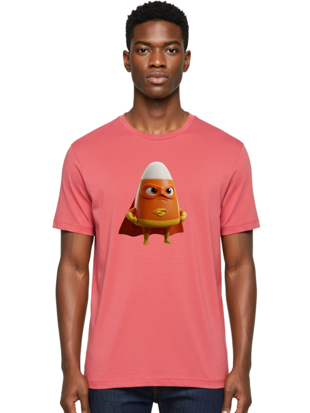 Candy-Corn-Superhero Men'S Graphic Tee, 100% Cotton, Comfortable Casual Summer Wear, Machine Washable, Candy Corn Character, Superman Costume, Superhero Theme, Cartoon Style, Orange And Yellow, Playful Design, 3D Illustration, Bac777