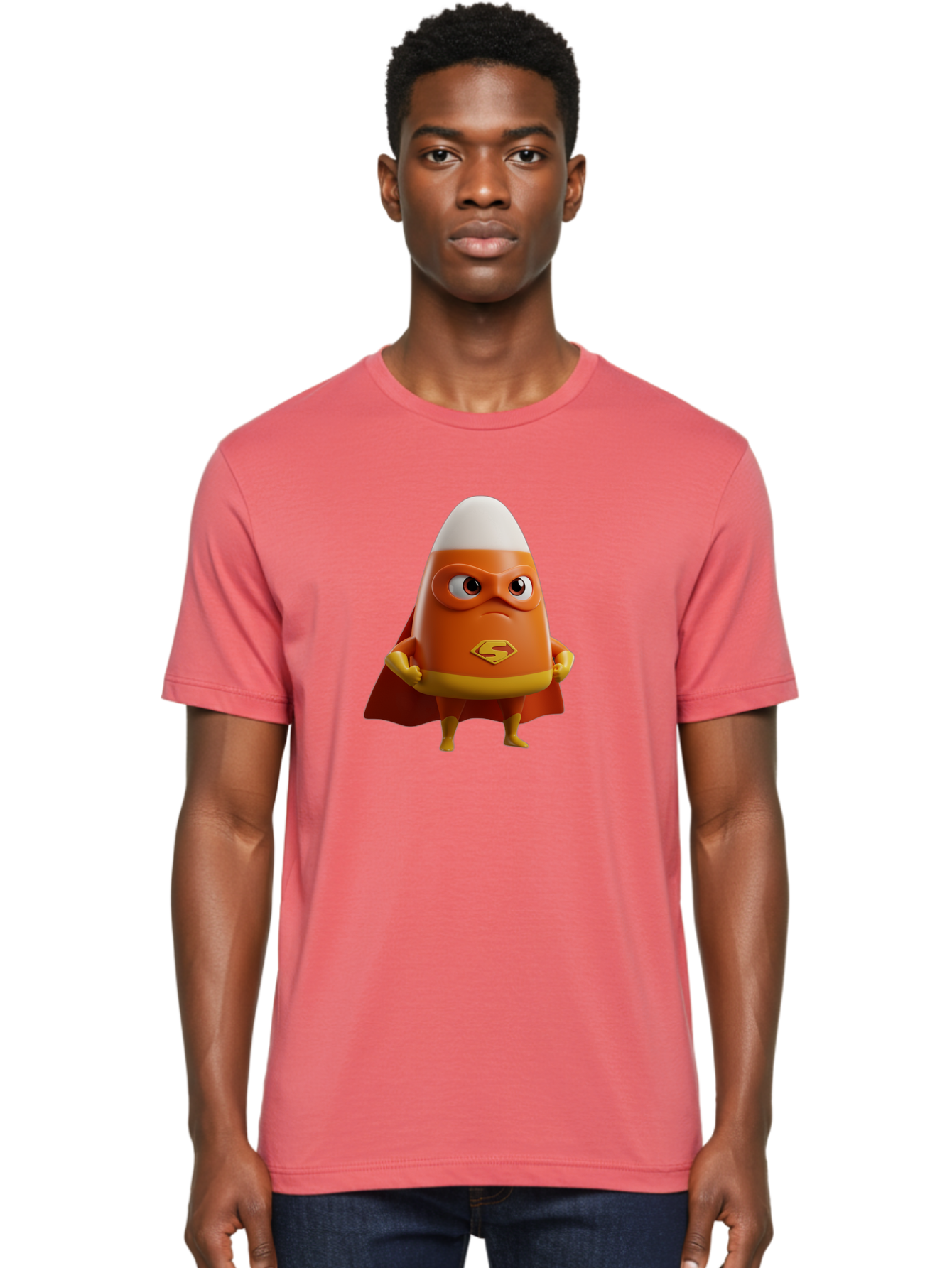 Candy-Corn-Superhero Men'S Graphic Tee, 100% Cotton, Comfortable Casual Summer Wear, Machine Washable, Candy Corn Character, Superman Costume, Superhero Theme, Cartoon Style, Orange And Yellow, Playful Design, 3D Illustration, Bac777