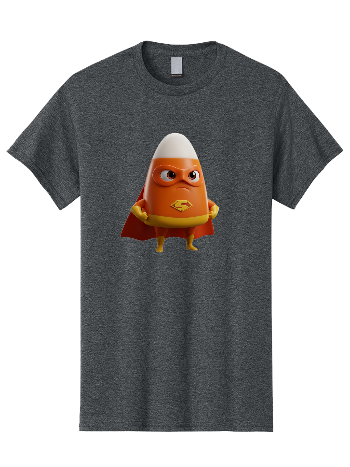 Candy-Corn-Superhero Men'S Graphic Tee, 100% Cotton, Comfortable Casual Summer Wear, Machine Washable, Candy Corn Character, Superman Costume, Superhero Theme, Cartoon Style, Orange And Yellow, Playful Design, 3D Illustration, Bac777