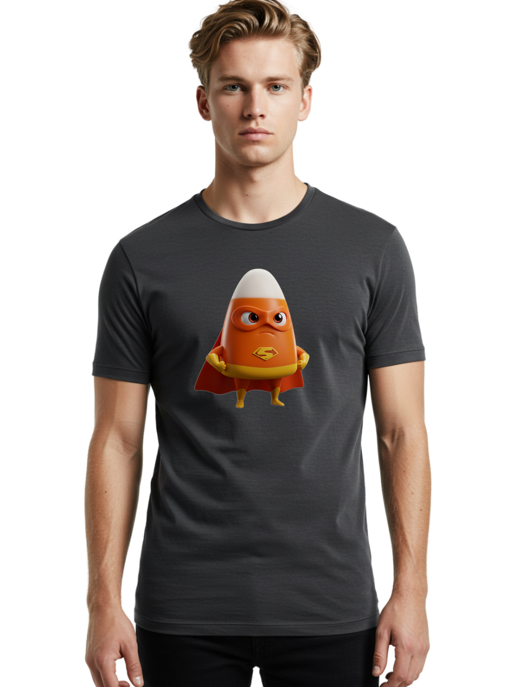 Candy-Corn-Superhero Men'S Graphic Tee, 100% Cotton, Comfortable Casual Summer Wear, Machine Washable, Candy Corn Character, Superman Costume, Superhero Theme, Cartoon Style, Orange And Yellow, Playful Design, 3D Illustration, Bac777