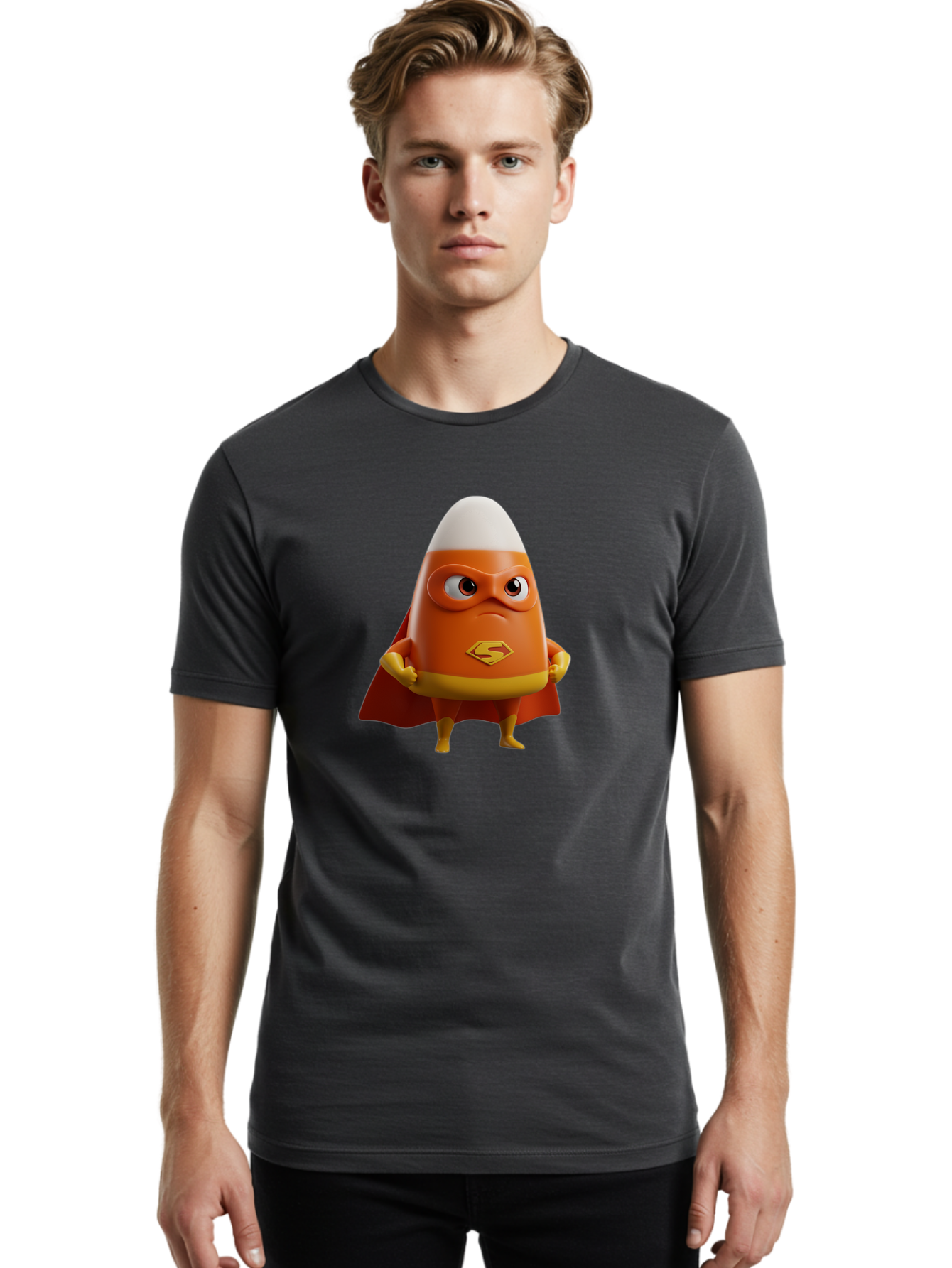 Candy-Corn-Superhero Men'S Graphic Tee, 100% Cotton, Comfortable Casual Summer Wear, Machine Washable, Candy Corn Character, Superman Costume, Superhero Theme, Cartoon Style, Orange And Yellow, Playful Design, 3D Illustration, Bac777