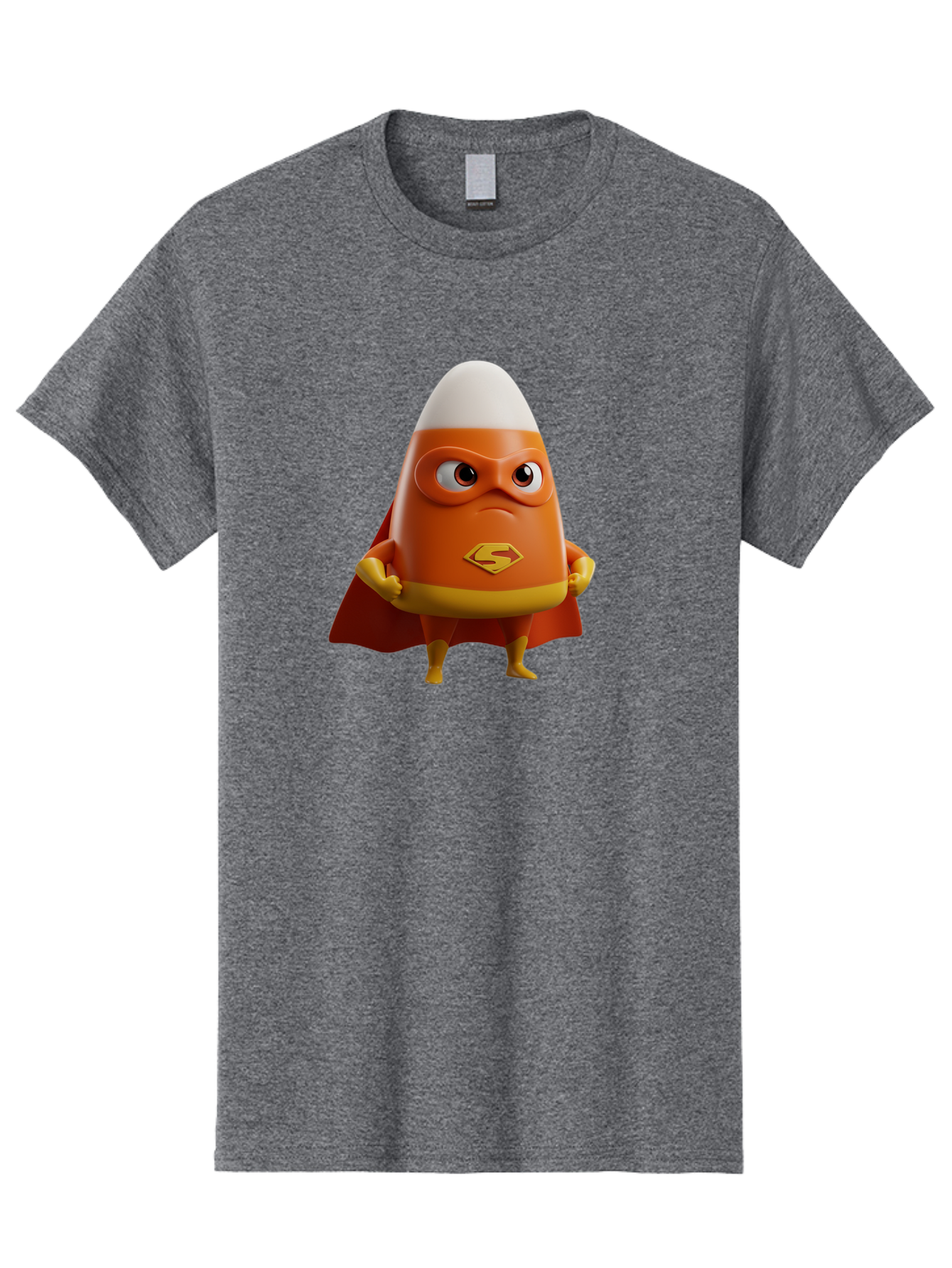 Candy-Corn-Superhero Men'S Graphic Tee, 100% Cotton, Comfortable Casual Summer Wear, Machine Washable, Candy Corn Character, Superman Costume, Superhero Theme, Cartoon Style, Orange And Yellow, Playful Design, 3D Illustration, Bac777