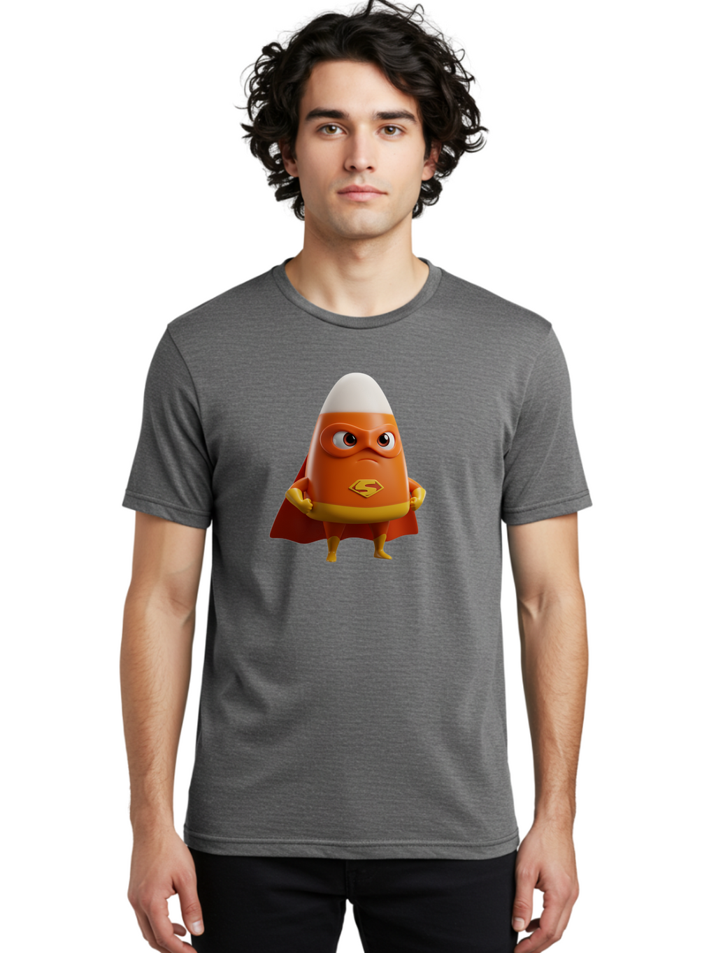 Candy-Corn-Superhero Men'S Graphic Tee, 100% Cotton, Comfortable Casual Summer Wear, Machine Washable, Candy Corn Character, Superman Costume, Superhero Theme, Cartoon Style, Orange And Yellow, Playful Design, 3D Illustration, Bac777