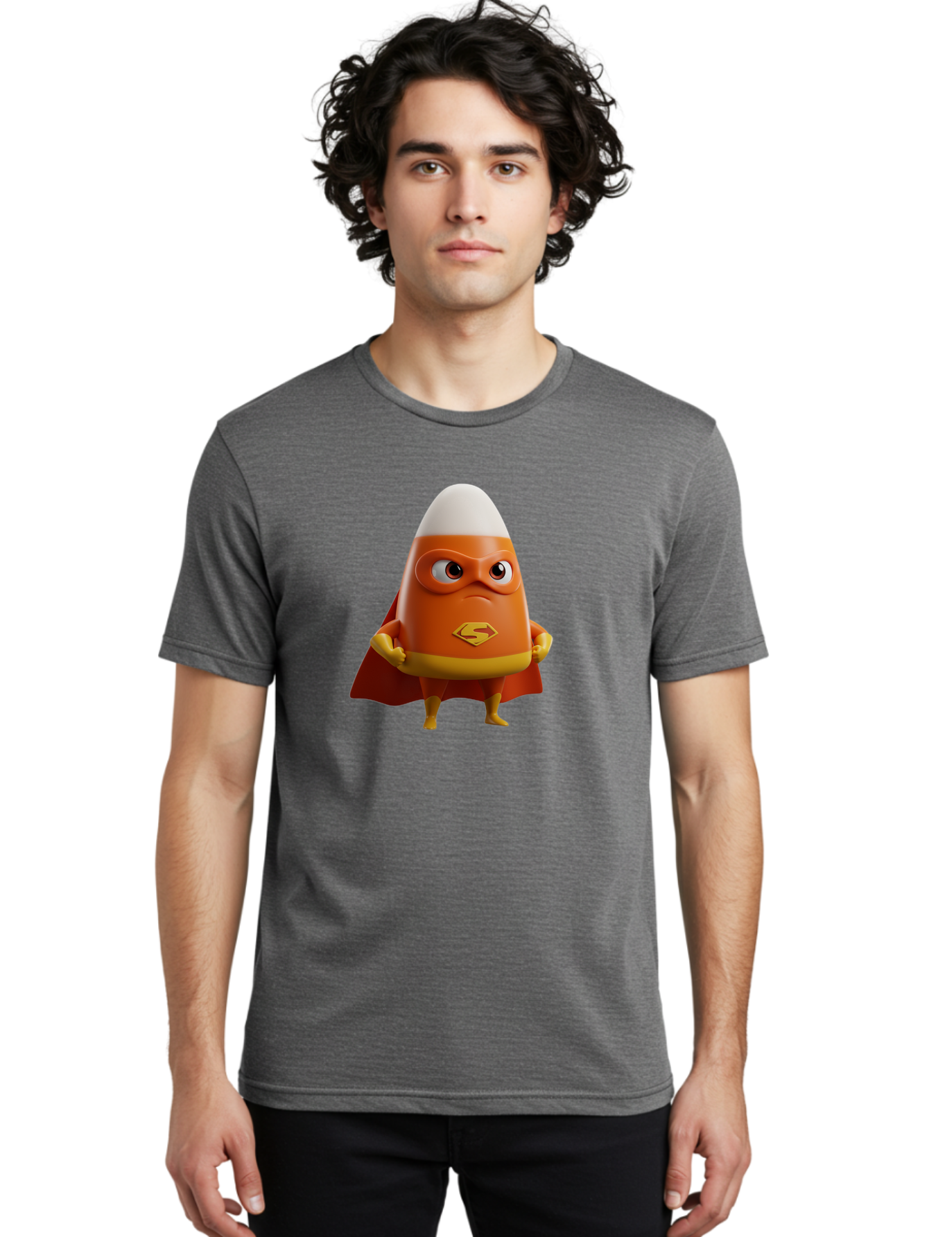 Candy-Corn-Superhero Men'S Graphic Tee, 100% Cotton, Comfortable Casual Summer Wear, Machine Washable, Candy Corn Character, Superman Costume, Superhero Theme, Cartoon Style, Orange And Yellow, Playful Design, 3D Illustration, Bac777