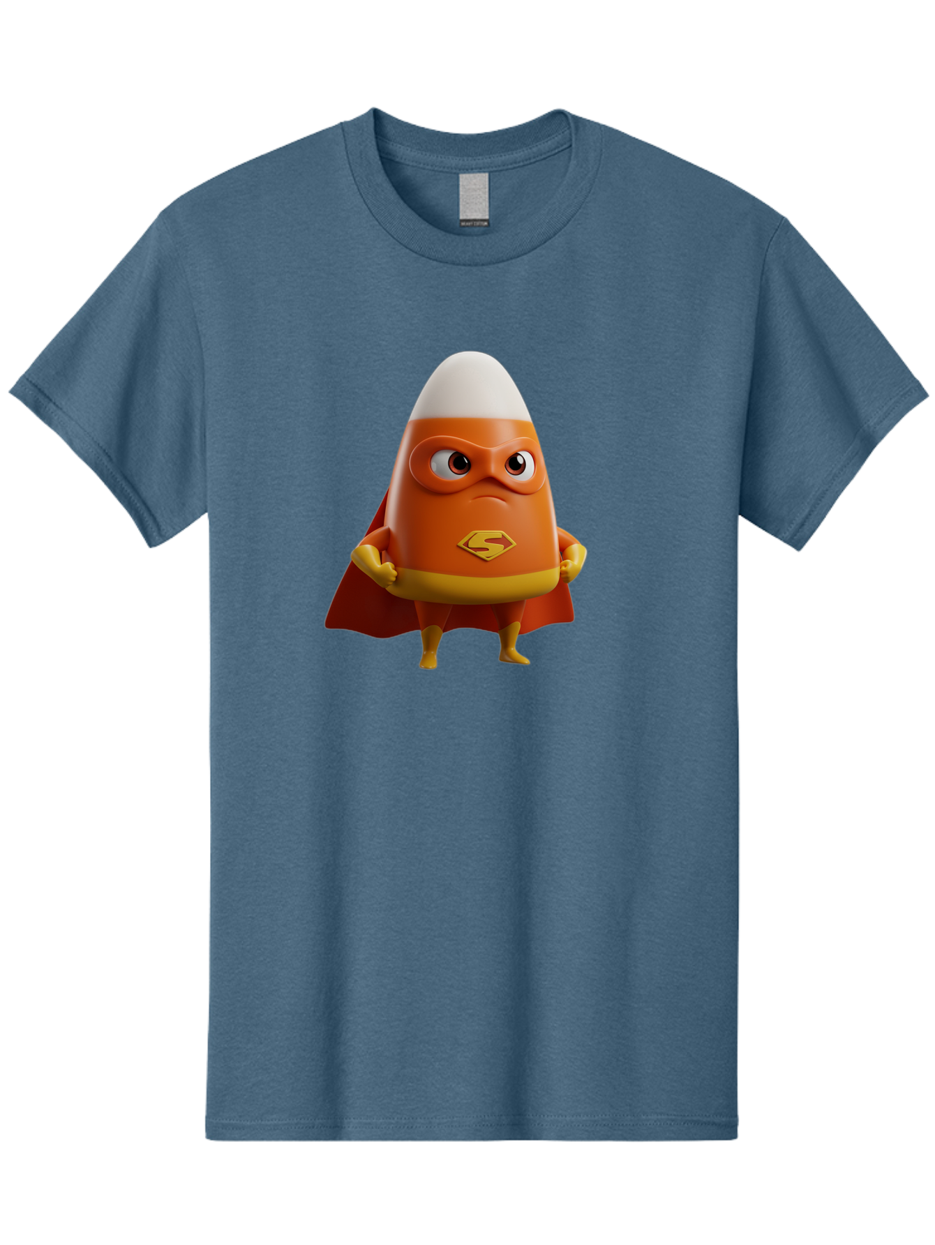 Candy-Corn-Superhero Men'S Graphic Tee, 100% Cotton, Comfortable Casual Summer Wear, Machine Washable, Candy Corn Character, Superman Costume, Superhero Theme, Cartoon Style, Orange And Yellow, Playful Design, 3D Illustration, Bac777