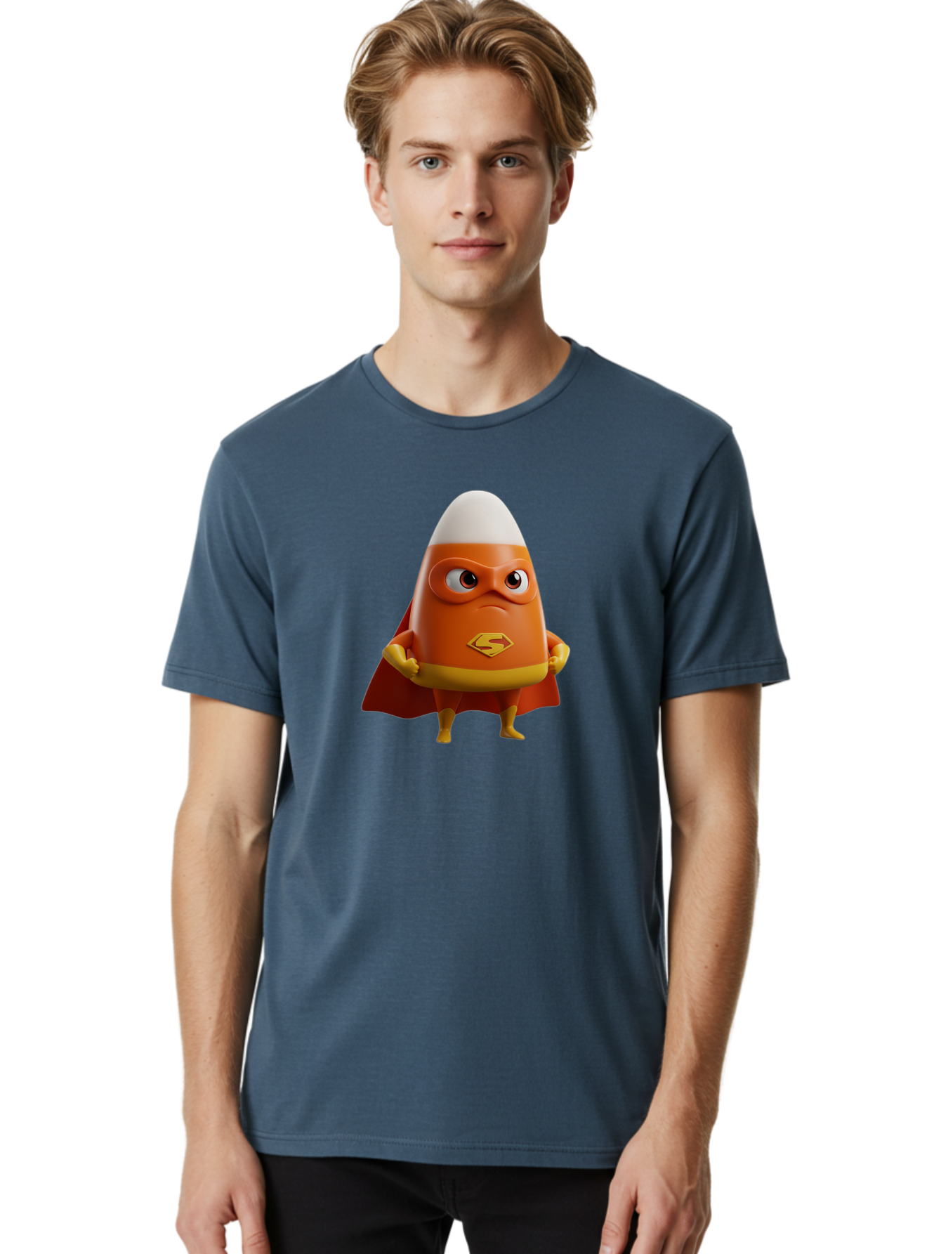 Candy-Corn-Superhero Men'S Graphic Tee, 100% Cotton, Comfortable Casual Summer Wear, Machine Washable, Candy Corn Character, Superman Costume, Superhero Theme, Cartoon Style, Orange And Yellow, Playful Design, 3D Illustration, Bac777