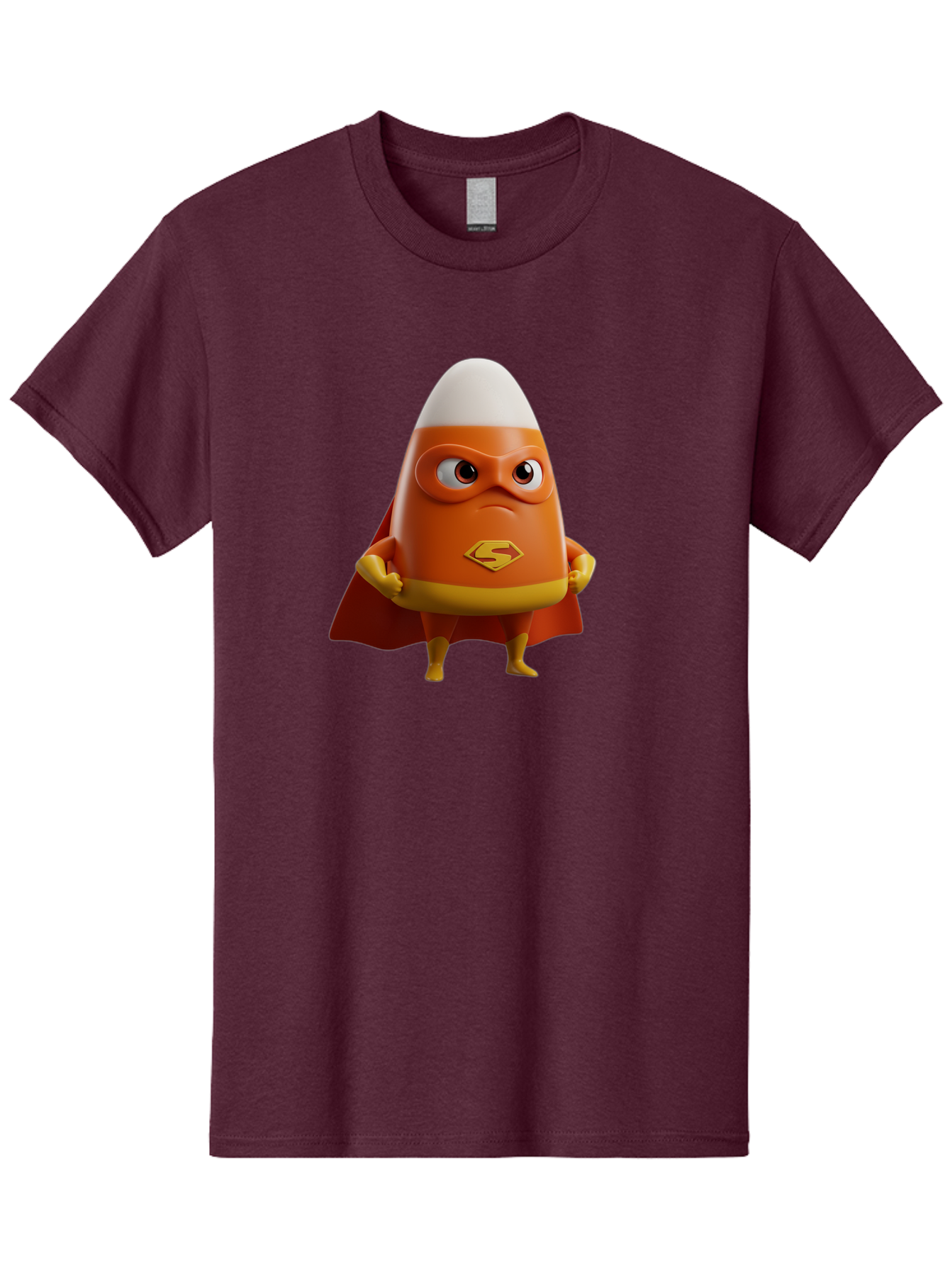 Candy-Corn-Superhero Men'S Graphic Tee, 100% Cotton, Comfortable Casual Summer Wear, Machine Washable, Candy Corn Character, Superman Costume, Superhero Theme, Cartoon Style, Orange And Yellow, Playful Design, 3D Illustration, Bac777