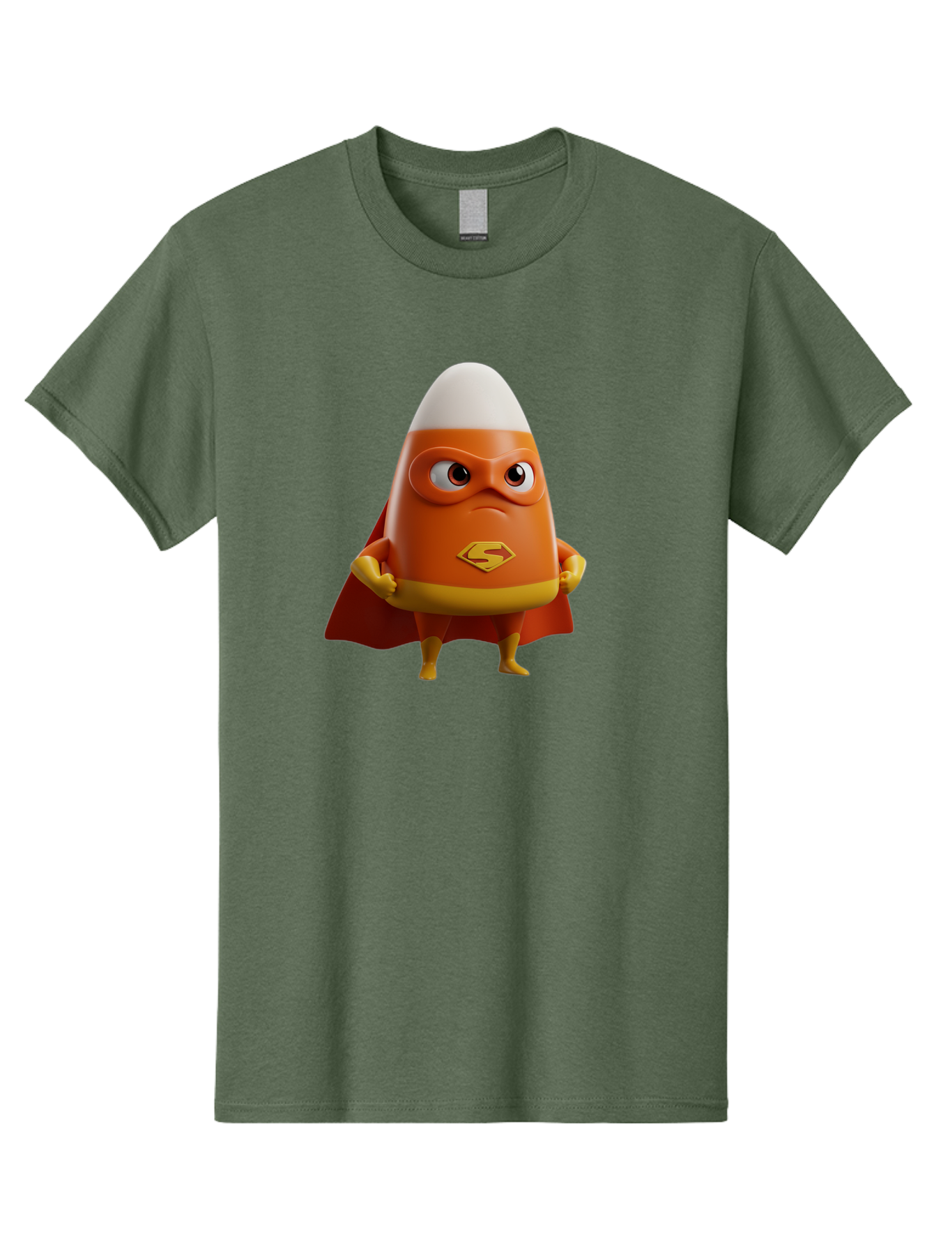 Candy-Corn-Superhero Men'S Graphic Tee, 100% Cotton, Comfortable Casual Summer Wear, Machine Washable, Candy Corn Character, Superman Costume, Superhero Theme, Cartoon Style, Orange And Yellow, Playful Design, 3D Illustration, Bac777