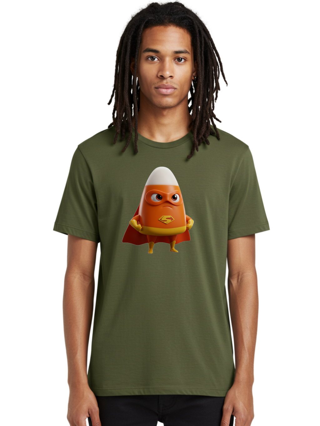 Candy-Corn-Superhero Men'S Graphic Tee, 100% Cotton, Comfortable Casual Summer Wear, Machine Washable, Candy Corn Character, Superman Costume, Superhero Theme, Cartoon Style, Orange And Yellow, Playful Design, 3D Illustration, Bac777