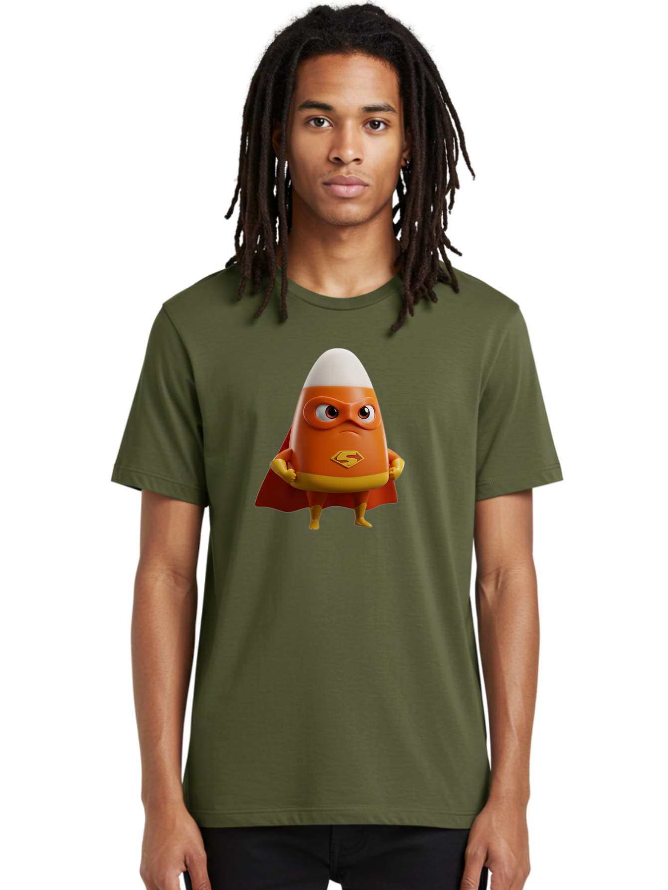 Candy-Corn-Superhero Men'S Graphic Tee, 100% Cotton, Comfortable Casual Summer Wear, Machine Washable, Candy Corn Character, Superman Costume, Superhero Theme, Cartoon Style, Orange And Yellow, Playful Design, 3D Illustration, Bac777