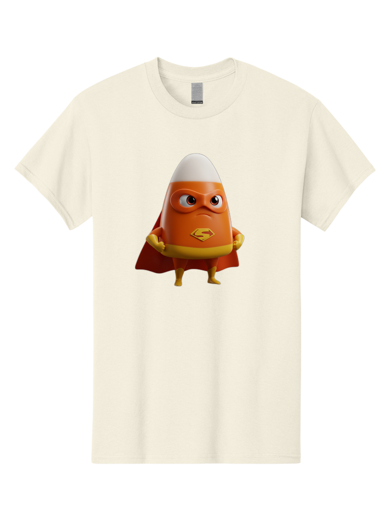 Candy-Corn-Superhero Men'S Graphic Tee, 100% Cotton, Comfortable Casual Summer Wear, Machine Washable, Candy Corn Character, Superman Costume, Superhero Theme, Cartoon Style, Orange And Yellow, Playful Design, 3D Illustration, Bac777