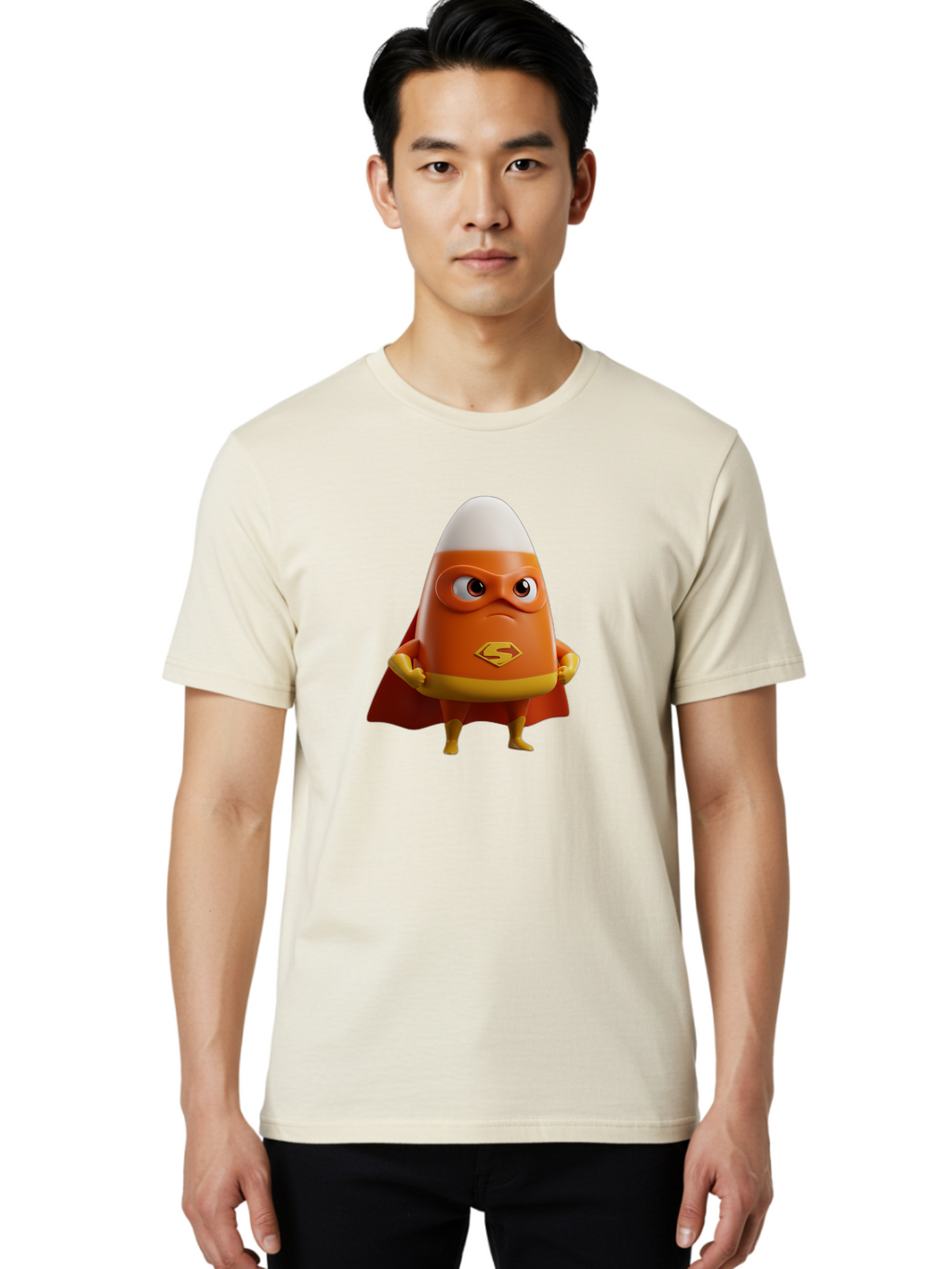 Candy-Corn-Superhero Men'S Graphic Tee, 100% Cotton, Comfortable Casual Summer Wear, Machine Washable, Candy Corn Character, Superman Costume, Superhero Theme, Cartoon Style, Orange And Yellow, Playful Design, 3D Illustration, Bac777