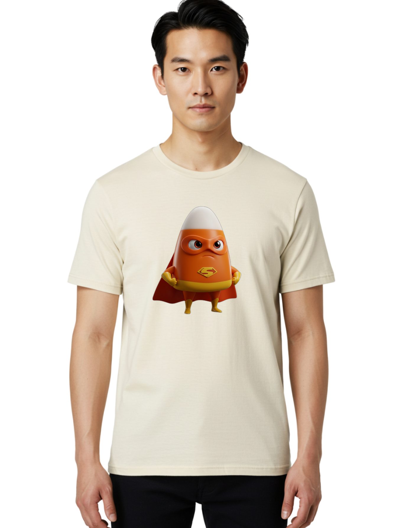 Candy-Corn-Superhero Men'S Graphic Tee, 100% Cotton, Comfortable Casual Summer Wear, Machine Washable, Candy Corn Character, Superman Costume, Superhero Theme, Cartoon Style, Orange And Yellow, Playful Design, 3D Illustration, Bac777