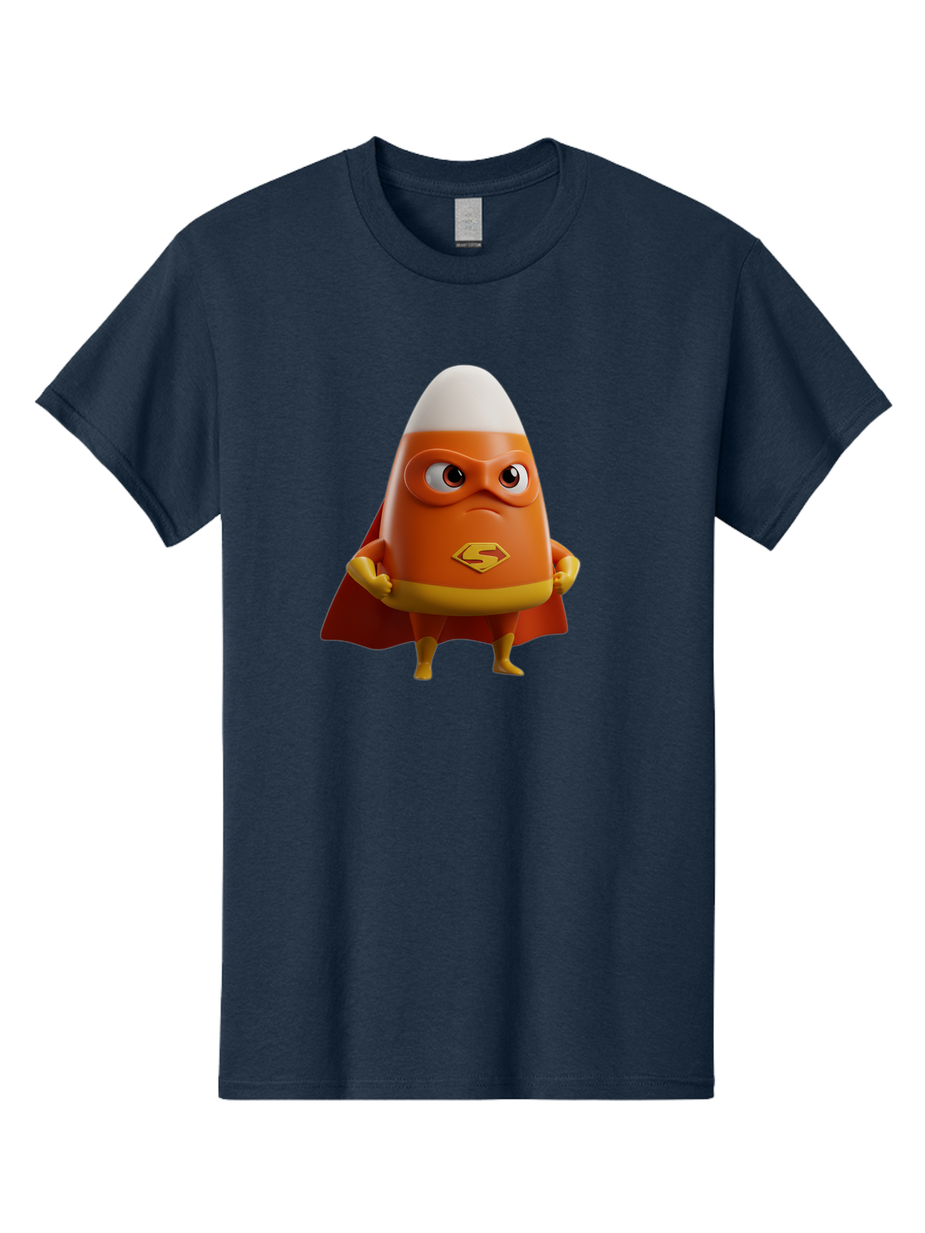 Candy-Corn-Superhero Men'S Graphic Tee, 100% Cotton, Comfortable Casual Summer Wear, Machine Washable, Candy Corn Character, Superman Costume, Superhero Theme, Cartoon Style, Orange And Yellow, Playful Design, 3D Illustration, Bac777