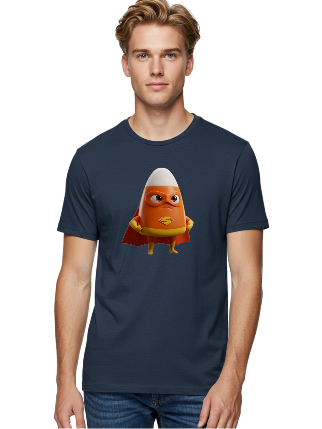 Candy-Corn-Superhero Men'S Graphic Tee, 100% Cotton, Comfortable Casual Summer Wear, Machine Washable, Candy Corn Character, Superman Costume, Superhero Theme, Cartoon Style, Orange And Yellow, Playful Design, 3D Illustration, Bac777
