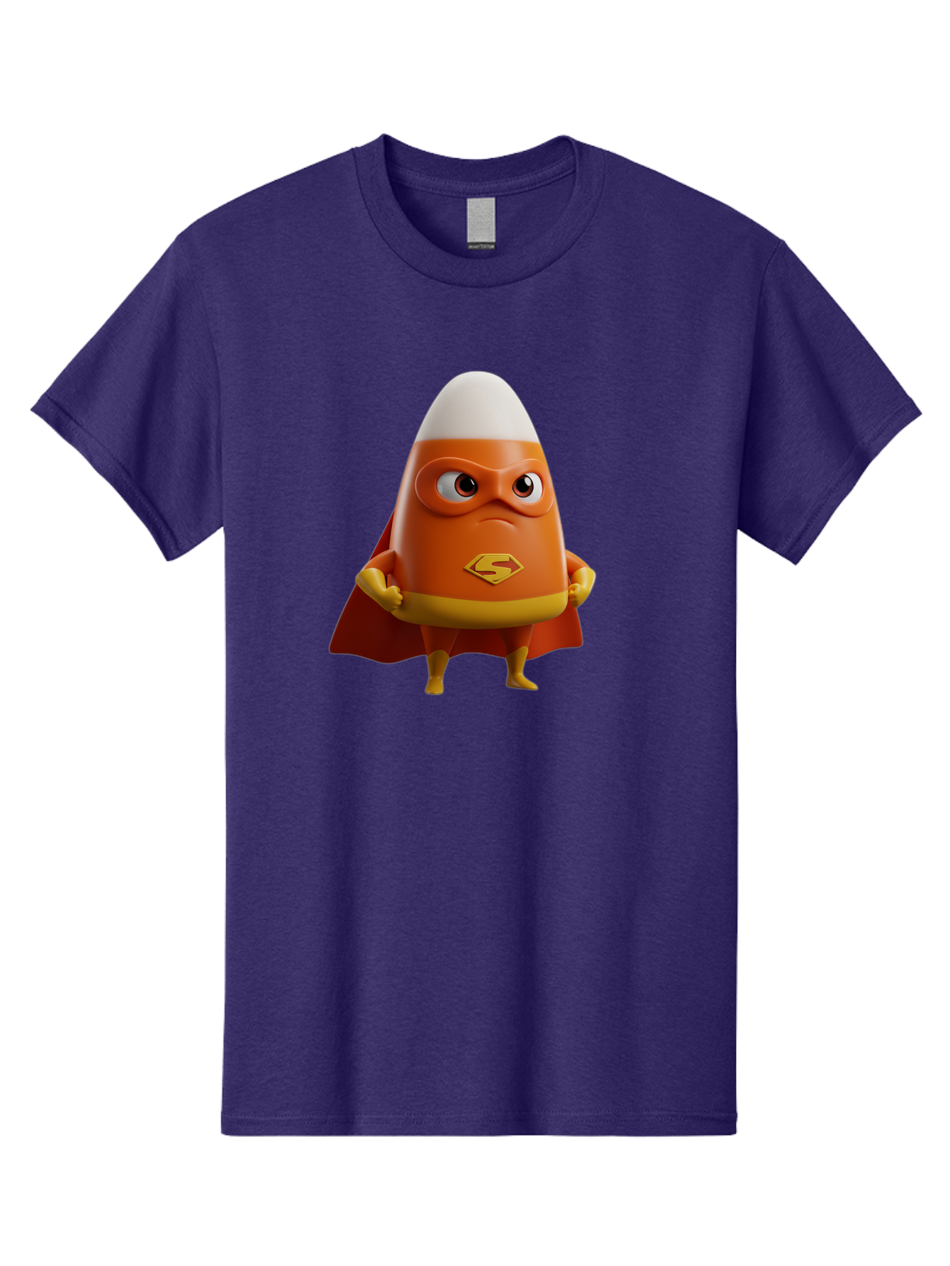 Candy-Corn-Superhero Men'S Graphic Tee, 100% Cotton, Comfortable Casual Summer Wear, Machine Washable, Candy Corn Character, Superman Costume, Superhero Theme, Cartoon Style, Orange And Yellow, Playful Design, 3D Illustration, Bac777