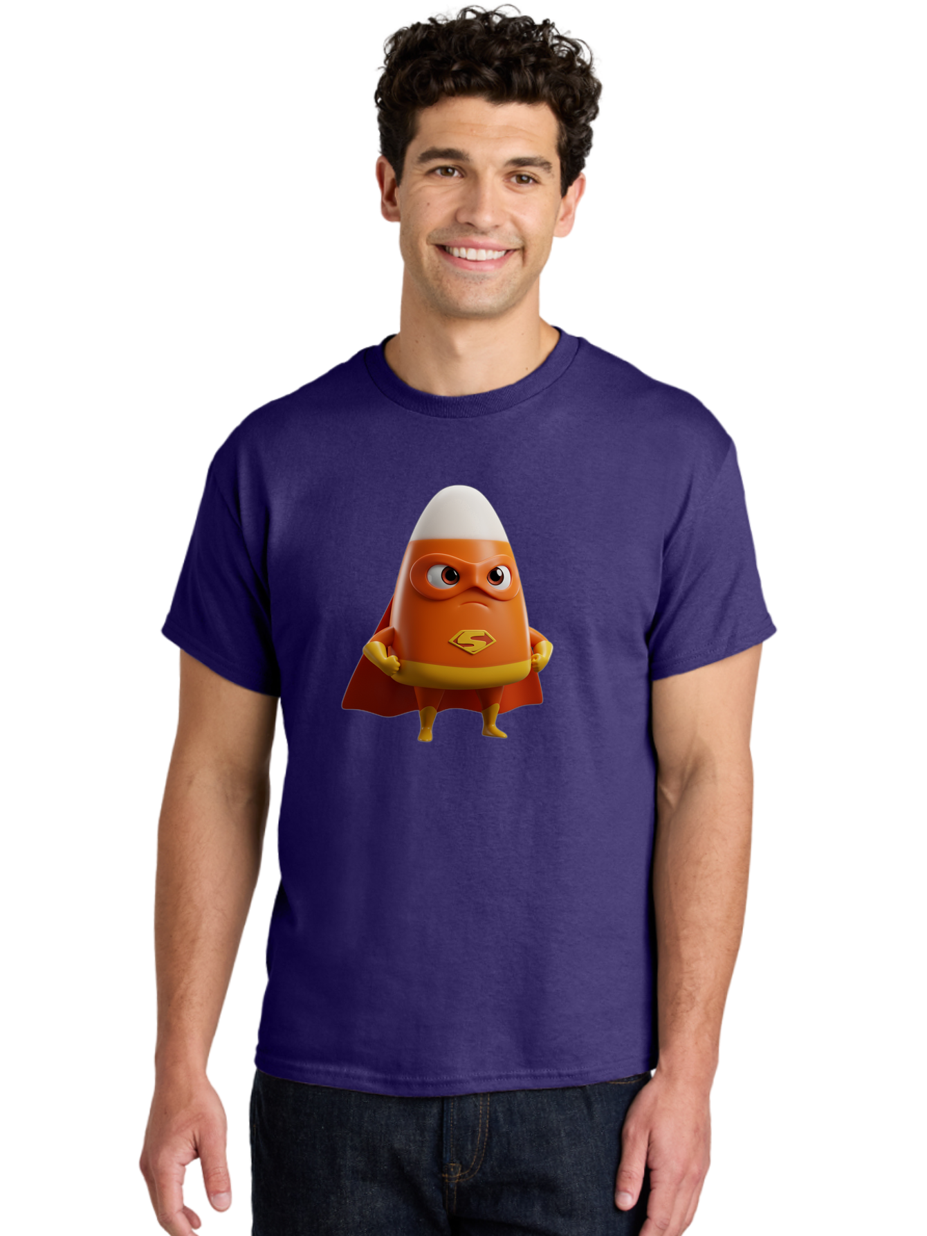 Candy-Corn-Superhero Men'S Graphic Tee, 100% Cotton, Comfortable Casual Summer Wear, Machine Washable, Candy Corn Character, Superman Costume, Superhero Theme, Cartoon Style, Orange And Yellow, Playful Design, 3D Illustration, Bac777