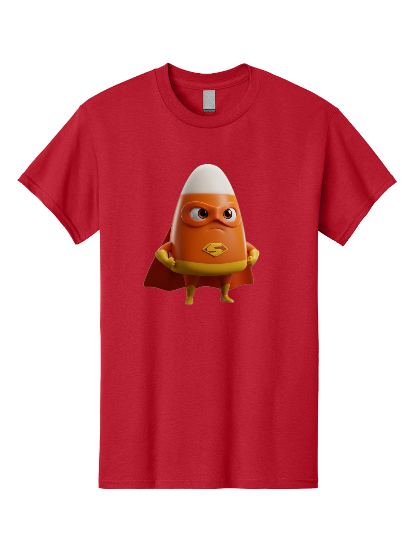 Candy-Corn-Superhero Men'S Graphic Tee, 100% Cotton, Comfortable Casual Summer Wear, Machine Washable, Candy Corn Character, Superman Costume, Superhero Theme, Cartoon Style, Orange And Yellow, Playful Design, 3D Illustration, Bac777