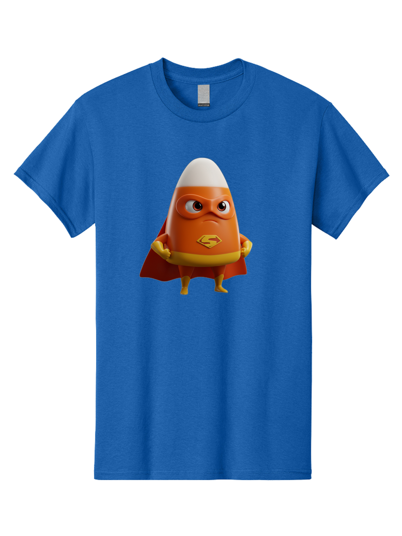 Candy-Corn-Superhero Men'S Graphic Tee, 100% Cotton, Comfortable Casual Summer Wear, Machine Washable, Candy Corn Character, Superman Costume, Superhero Theme, Cartoon Style, Orange And Yellow, Playful Design, 3D Illustration, Bac777