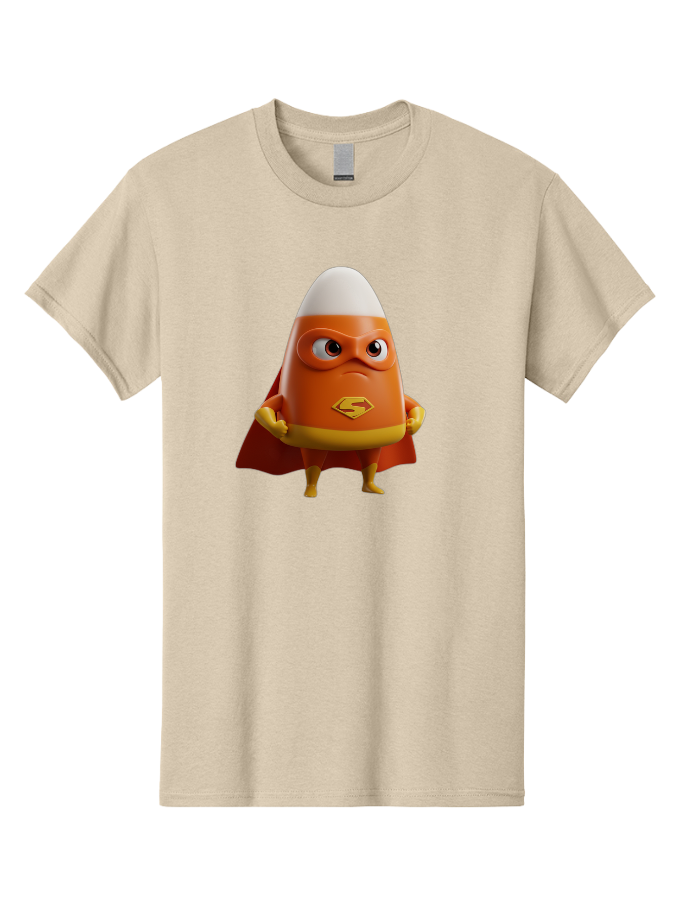 Candy-Corn-Superhero Men'S Graphic Tee, 100% Cotton, Comfortable Casual Summer Wear, Machine Washable, Candy Corn Character, Superman Costume, Superhero Theme, Cartoon Style, Orange And Yellow, Playful Design, 3D Illustration, Bac777