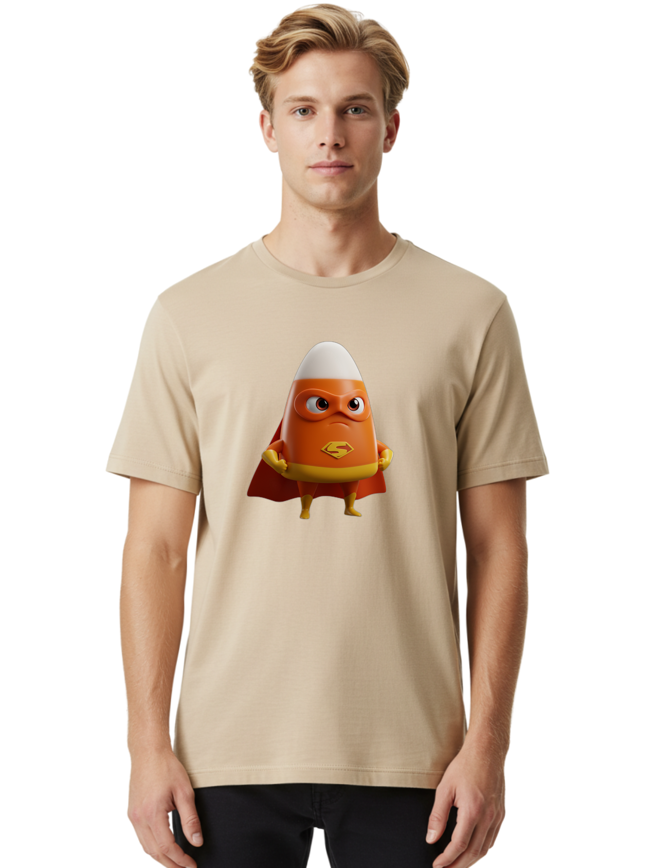 Candy-Corn-Superhero Men'S Graphic Tee, 100% Cotton, Comfortable Casual Summer Wear, Machine Washable, Candy Corn Character, Superman Costume, Superhero Theme, Cartoon Style, Orange And Yellow, Playful Design, 3D Illustration, Bac777