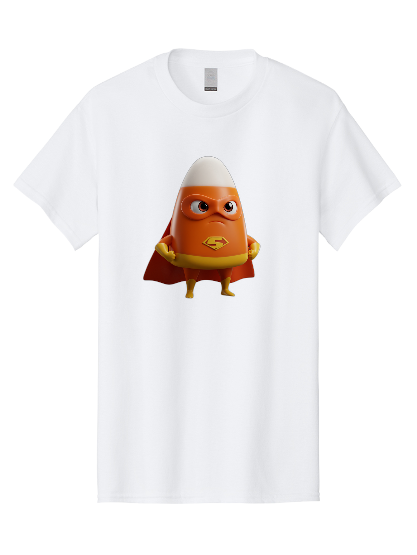 Candy-Corn-Superhero Men'S Graphic Tee, 100% Cotton, Comfortable Casual Summer Wear, Machine Washable, Candy Corn Character, Superman Costume, Superhero Theme, Cartoon Style, Orange And Yellow, Playful Design, 3D Illustration, Bac777
